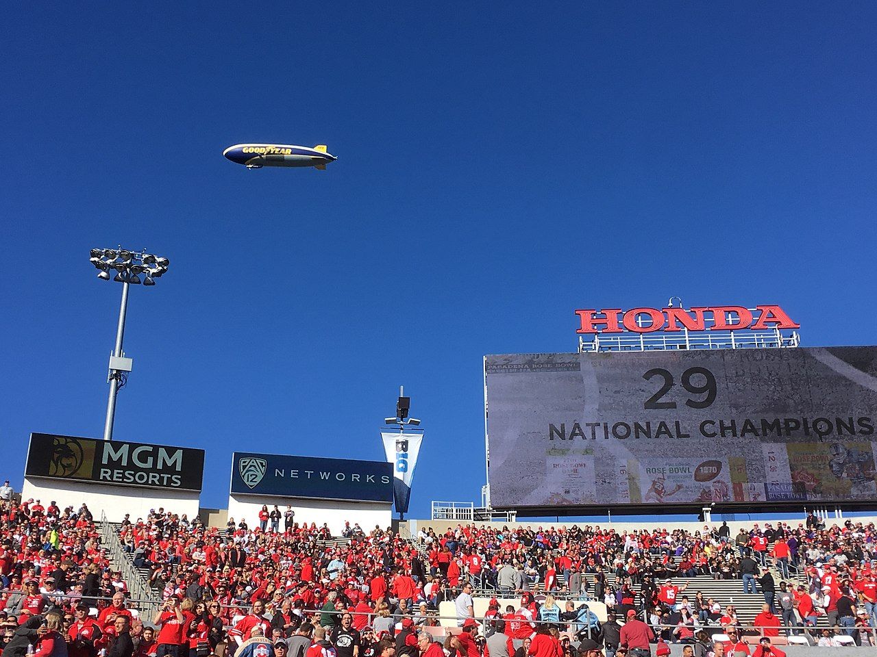 A Goodyear Blimp flying near the 2019 Rose Bowl.