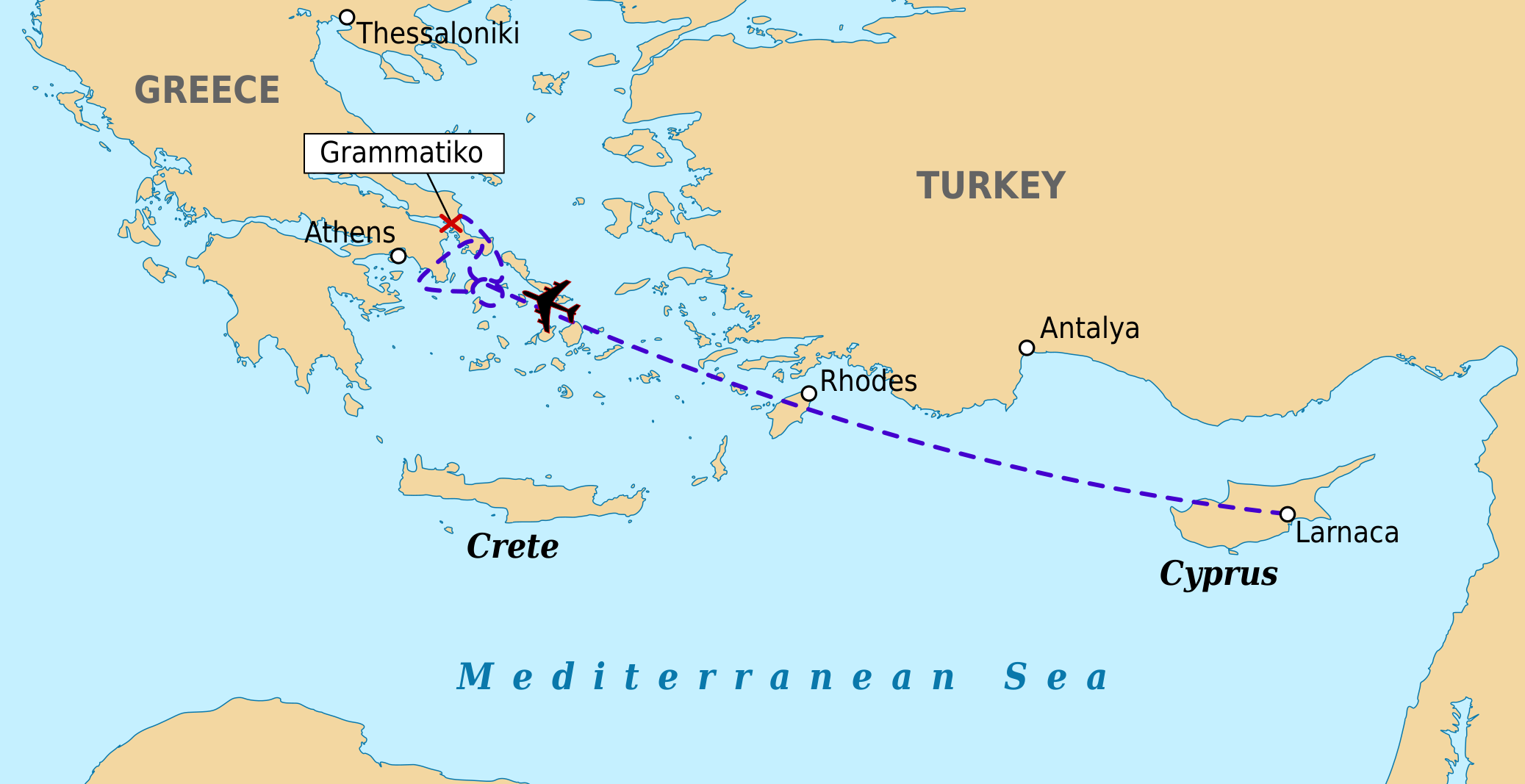 A map showing the flight path of Heliow Airways flight 522 which suffered an accident in 2005.