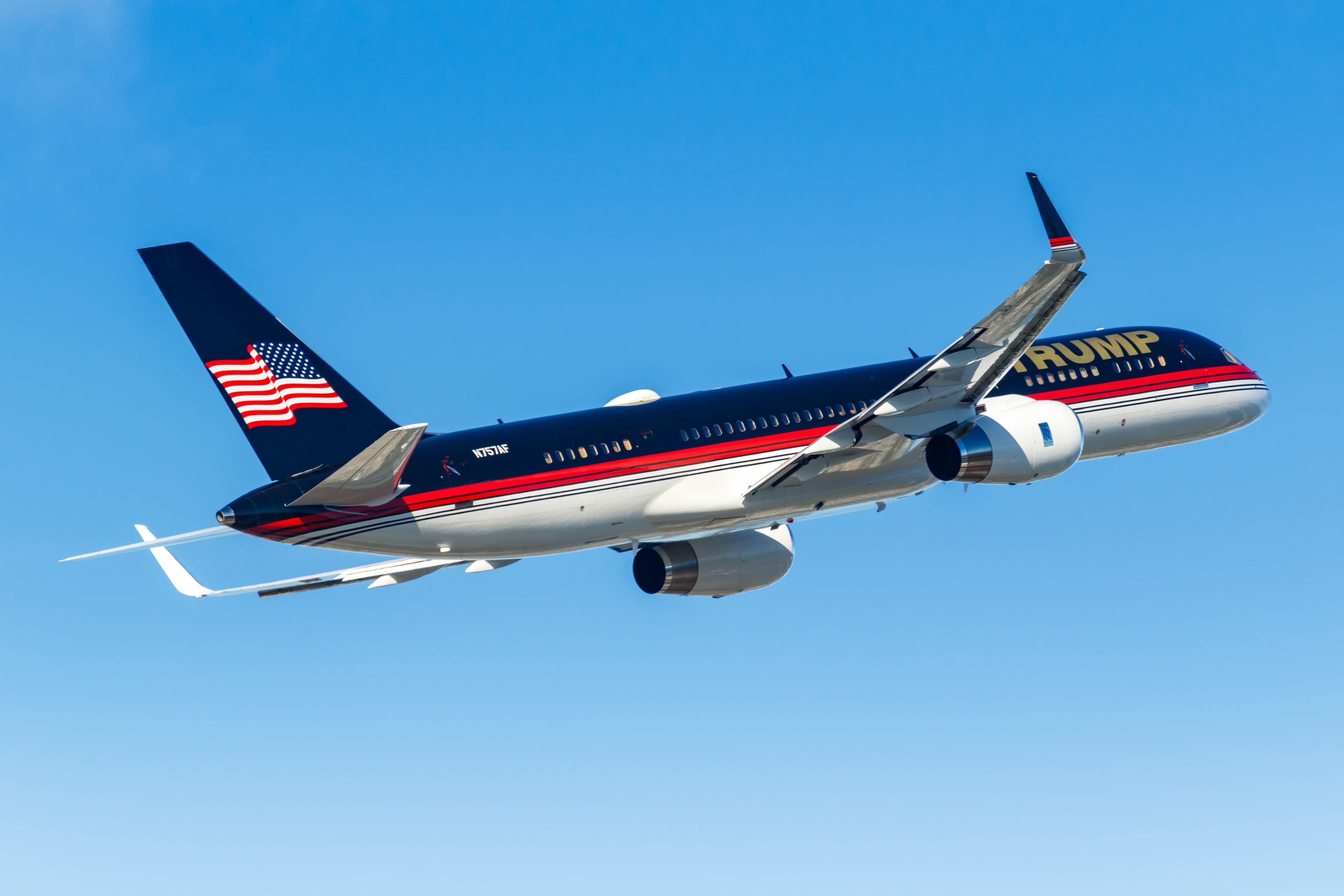 Donald Trump's Boeing 757 flying in the sky.