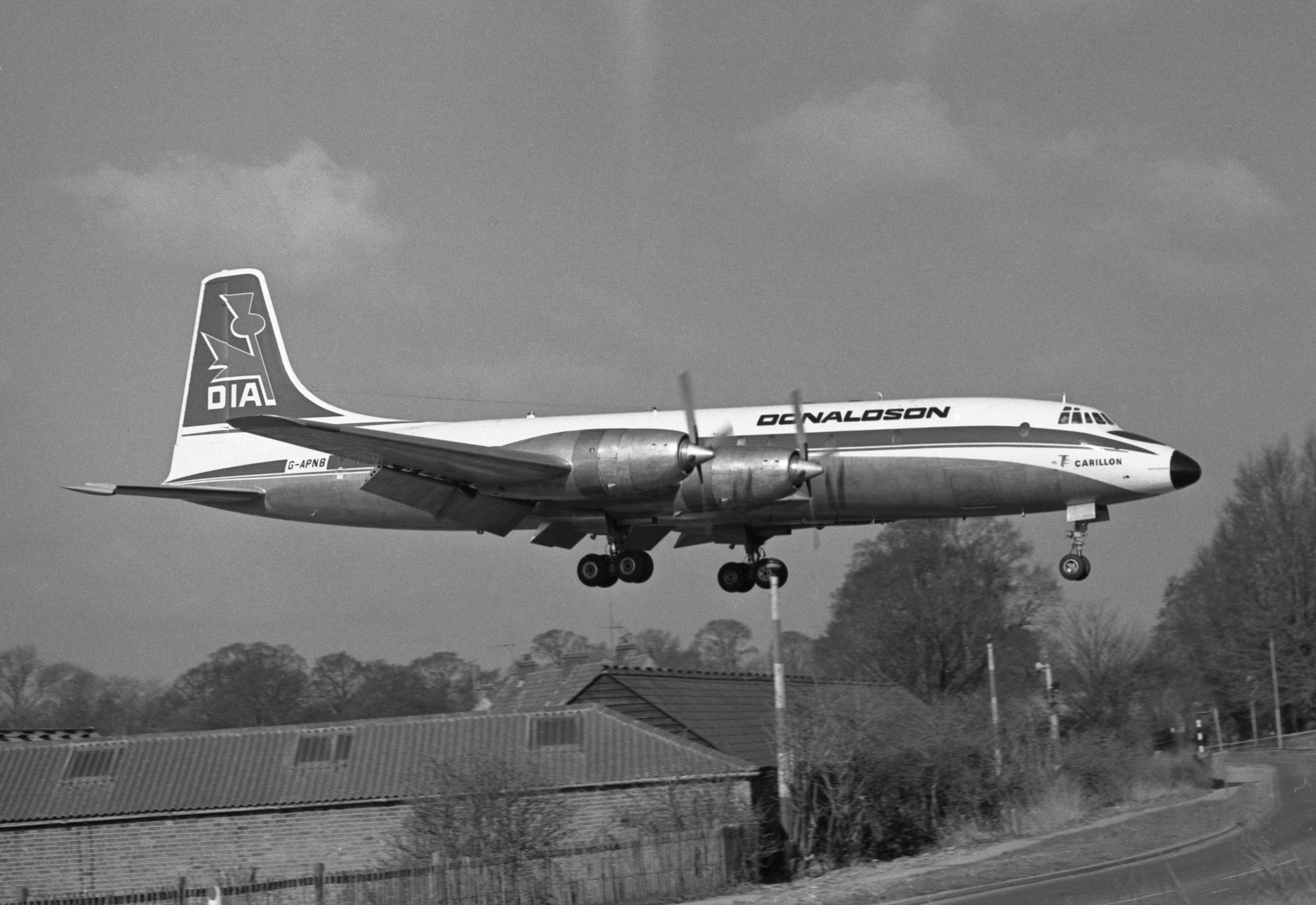 A Donaldson International Airways Bristol Britannia coming in for landing at London Southend Airport.