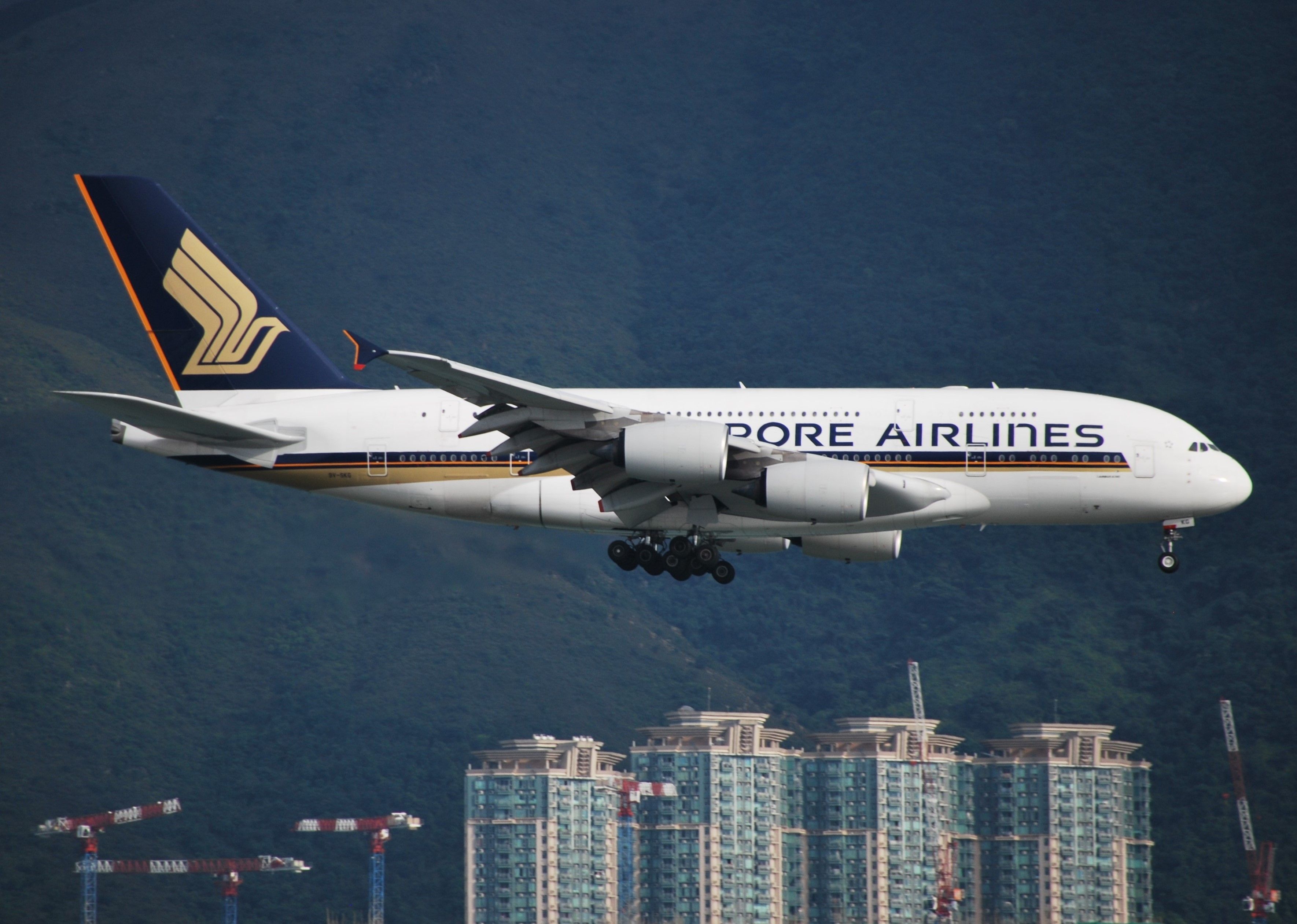 A Singapore Airlines Airbus A380 coming in for landing.