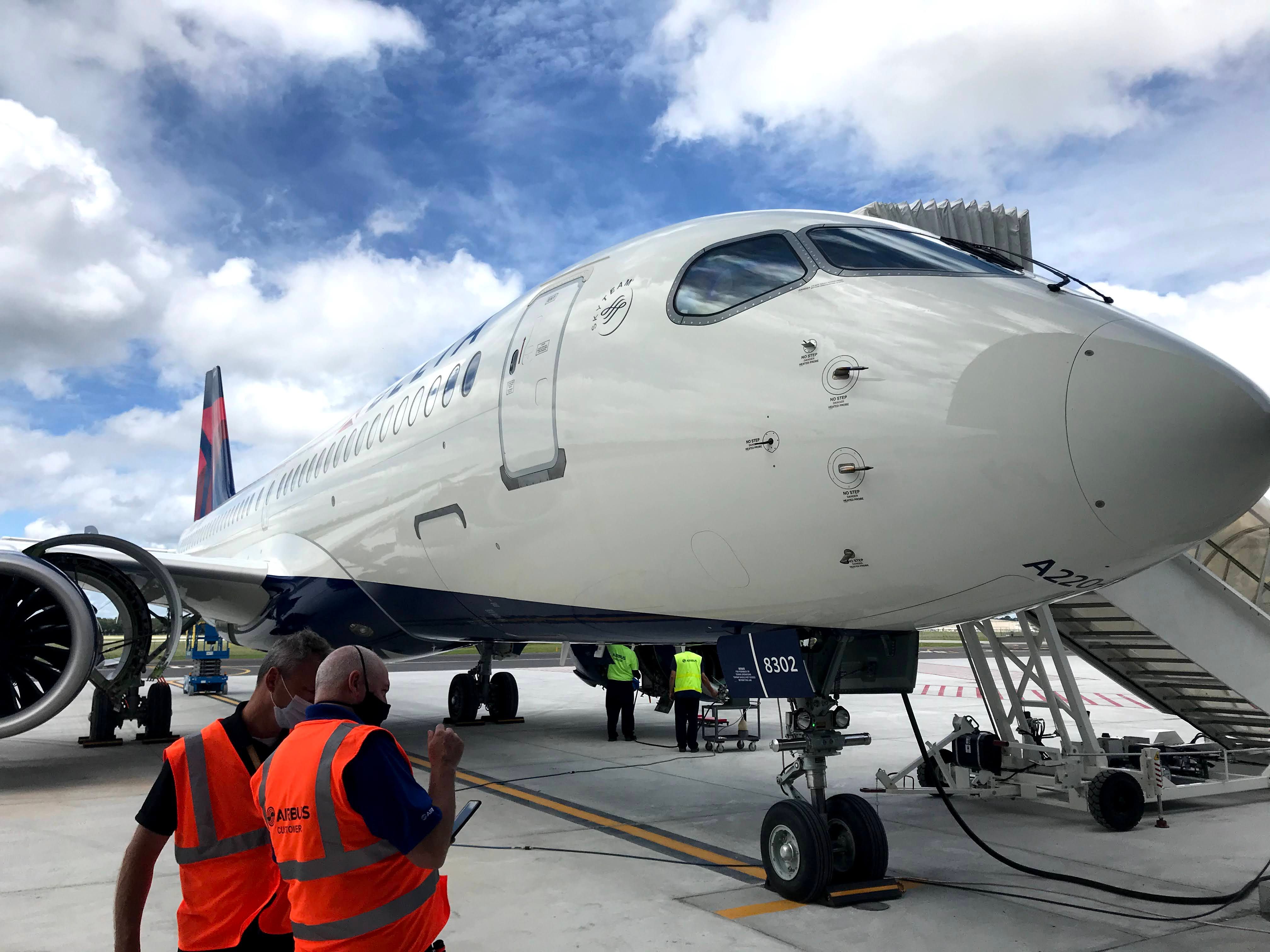 A Delta Air Lines Airbus a220-300 refueling.