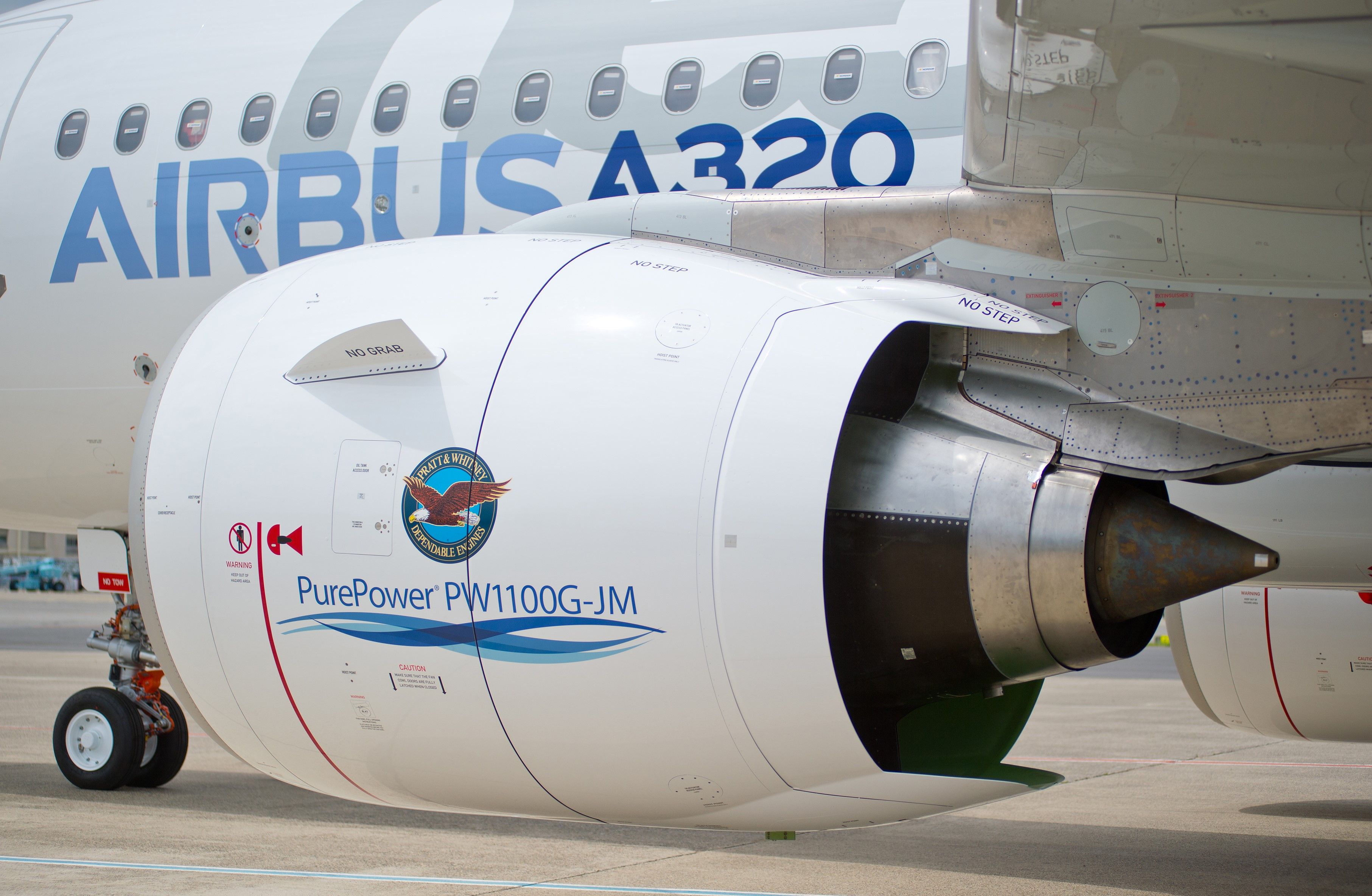 A close up of a P&W engine of an Airbus A320neo aircraft