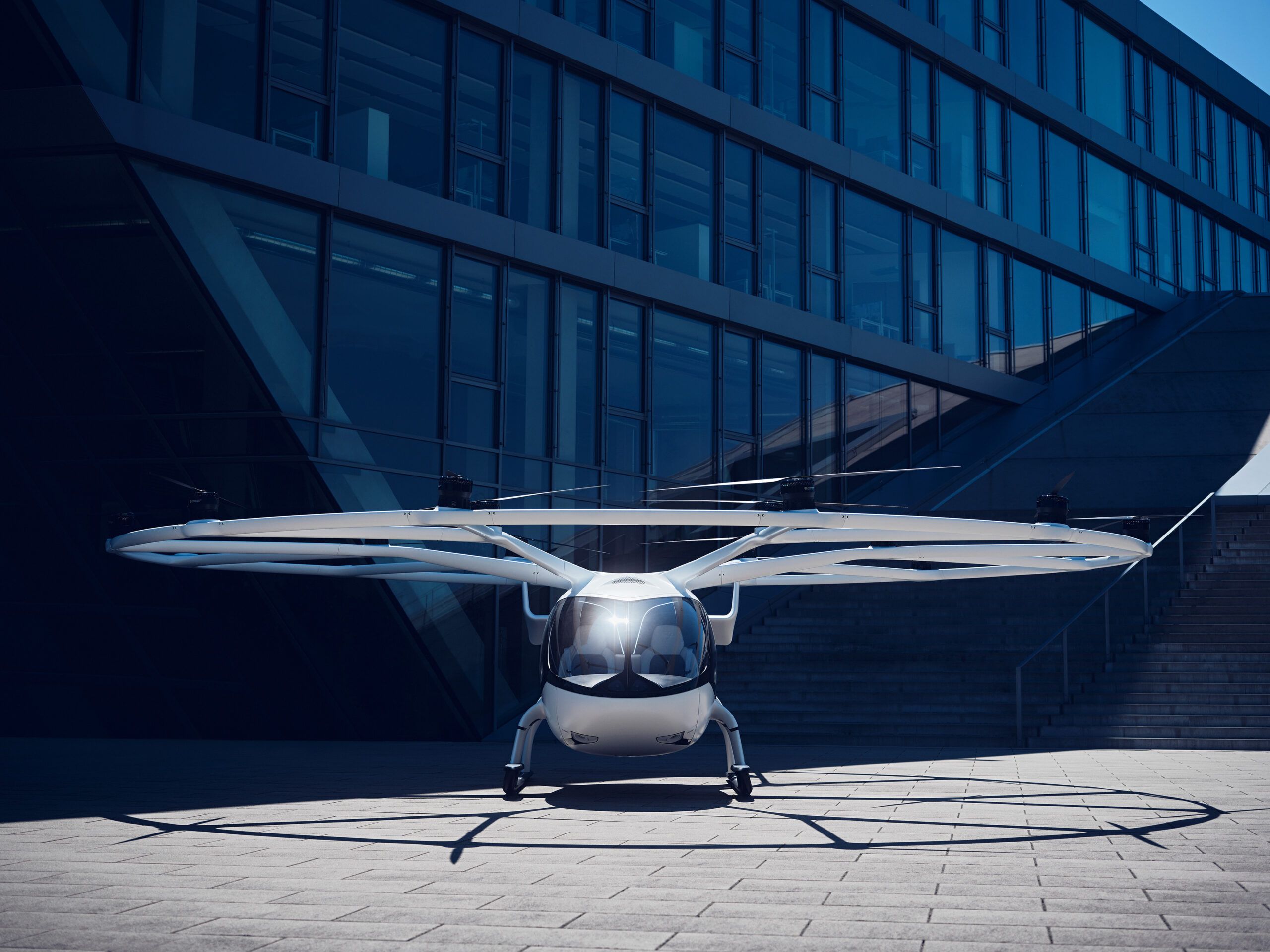 A front on view of the Volocopter VC200 eVTOL by Volocity