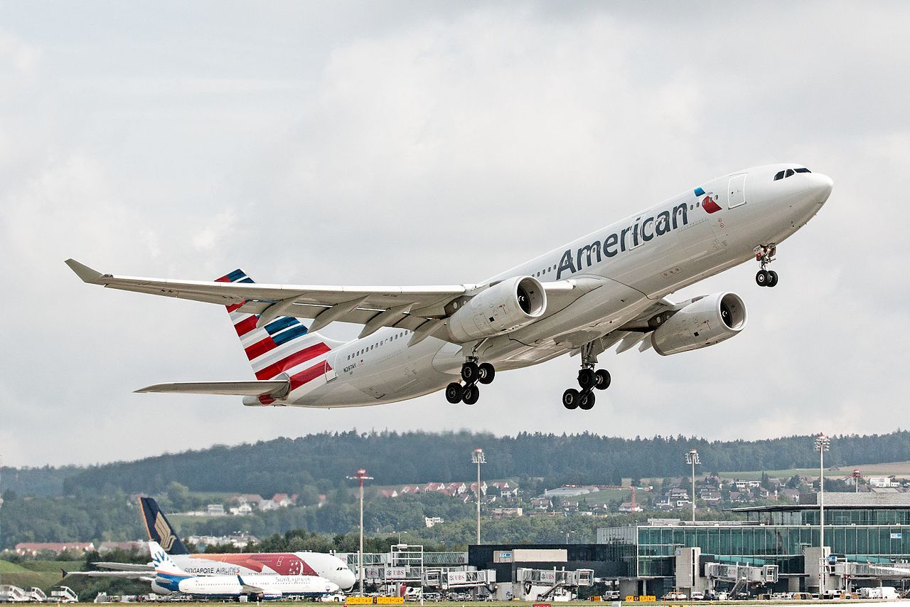 An American Airlines Airbus A330 taking off.