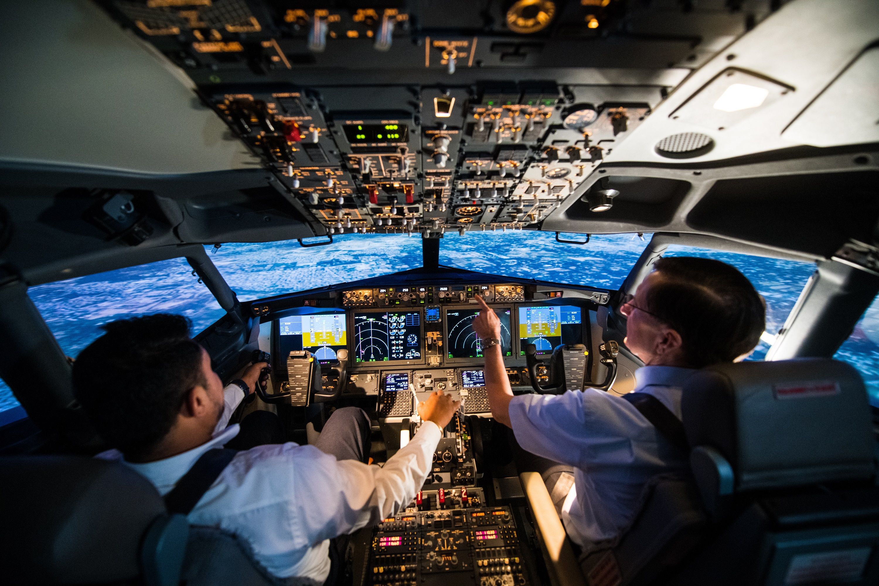 Pilots training in a Boeing 737 full-flight simulator