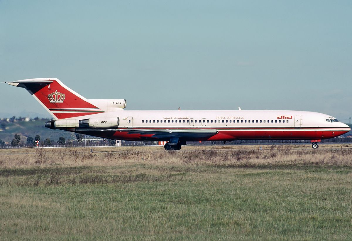 A Royal Jordanian Airline Boeing 727-2D3 taxiing to the runway.