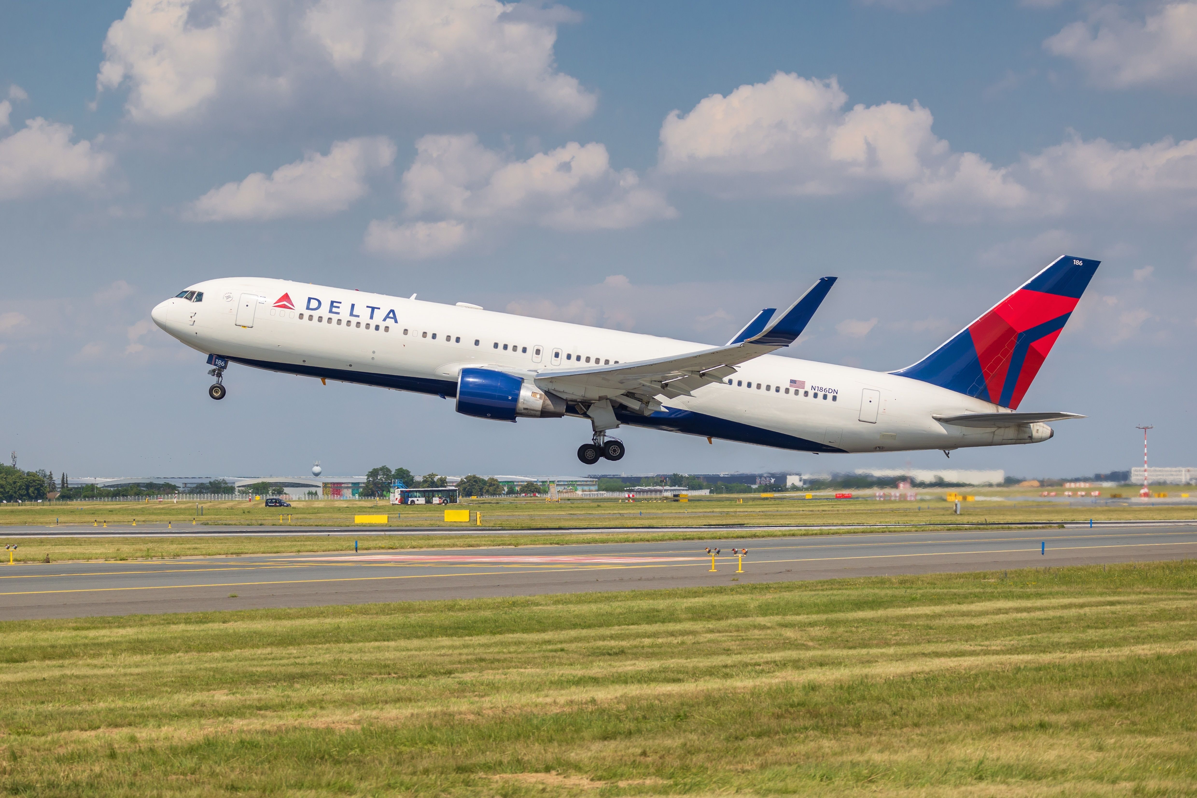 A Delta Air Lines Boeing 767-300 taking off.