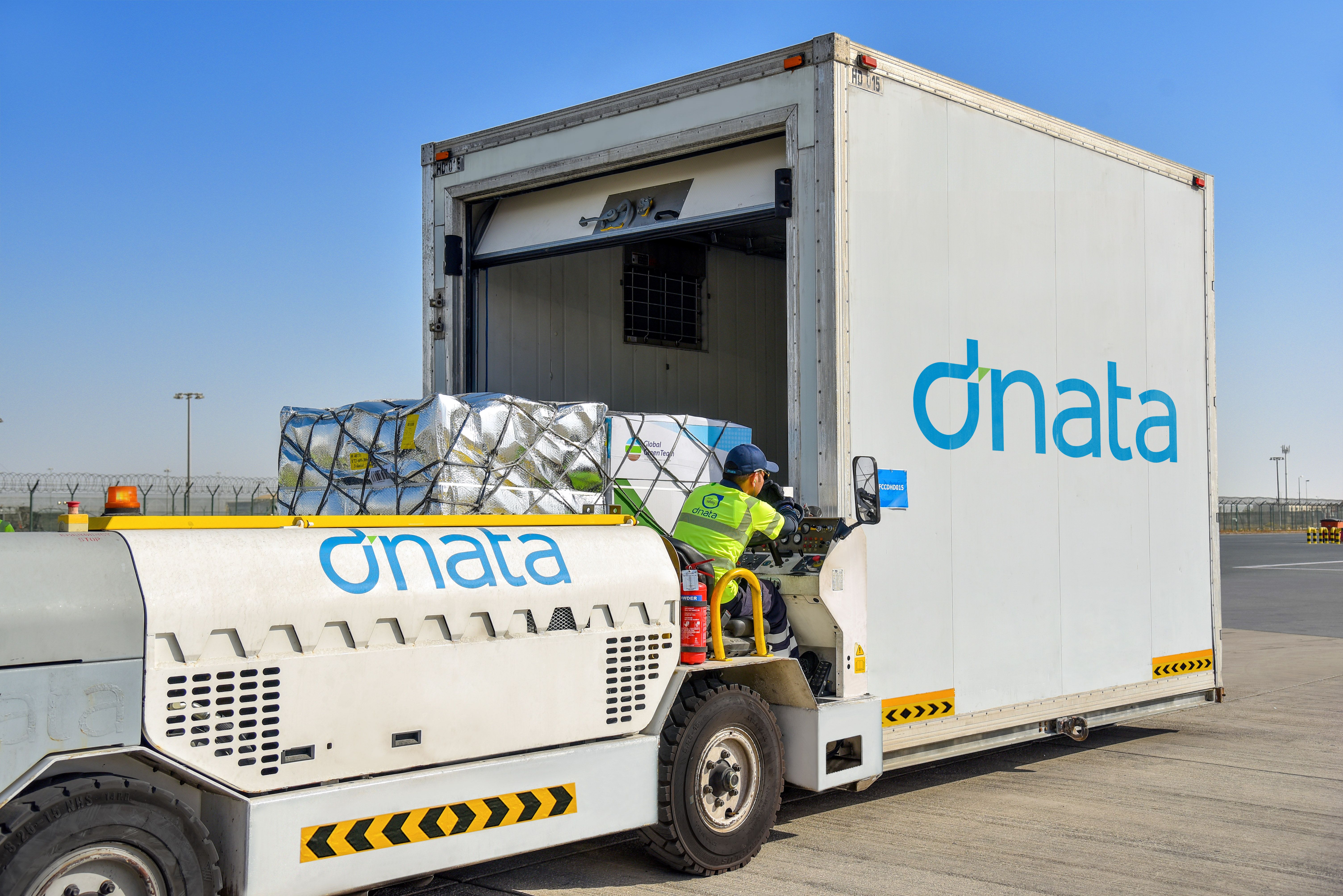 Adnata Ground Handling Vehicle with a large amount of cargo.