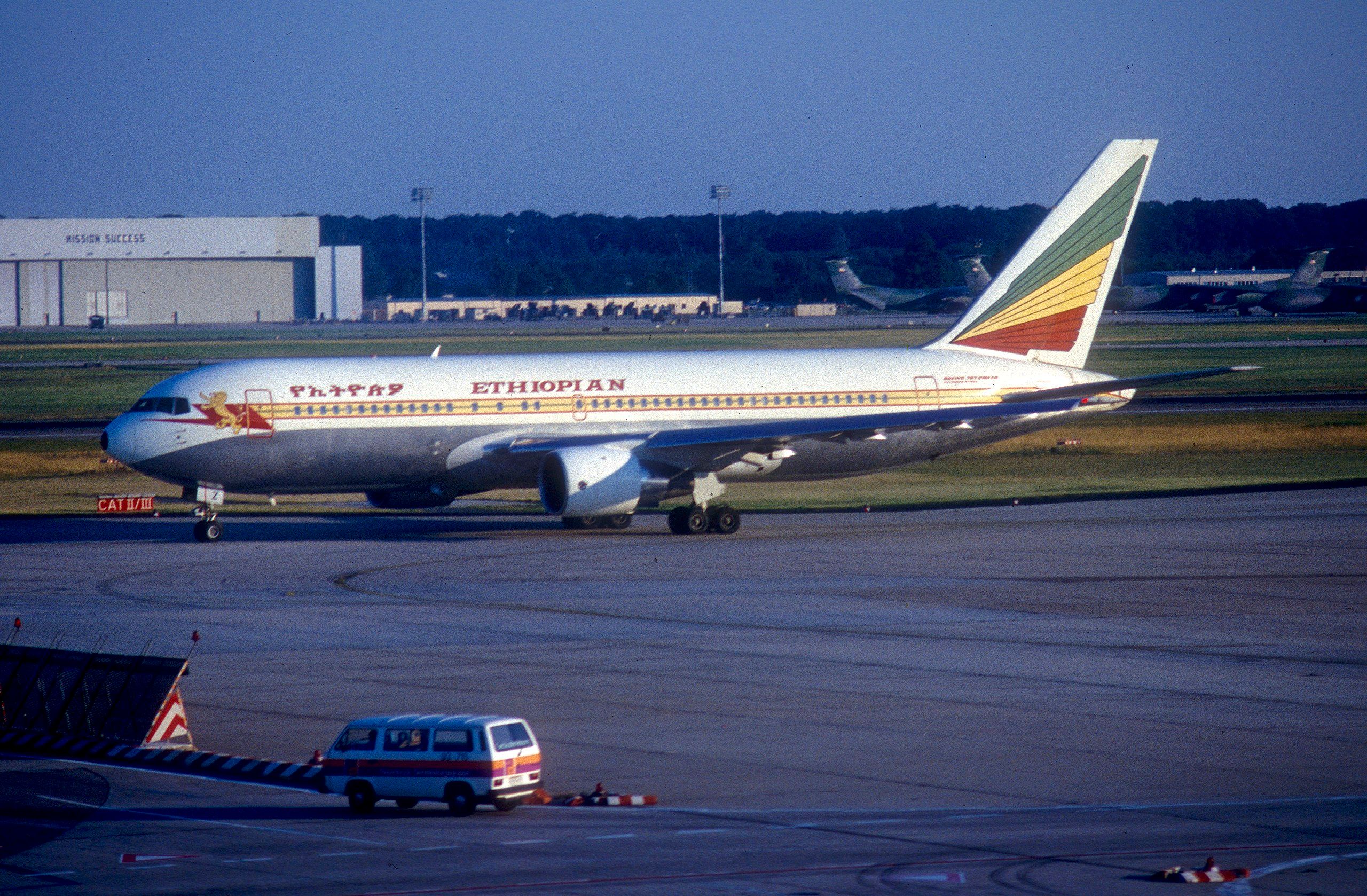 An Ethiopian Airlines Boeing 767-200ER taxiing to the runway.