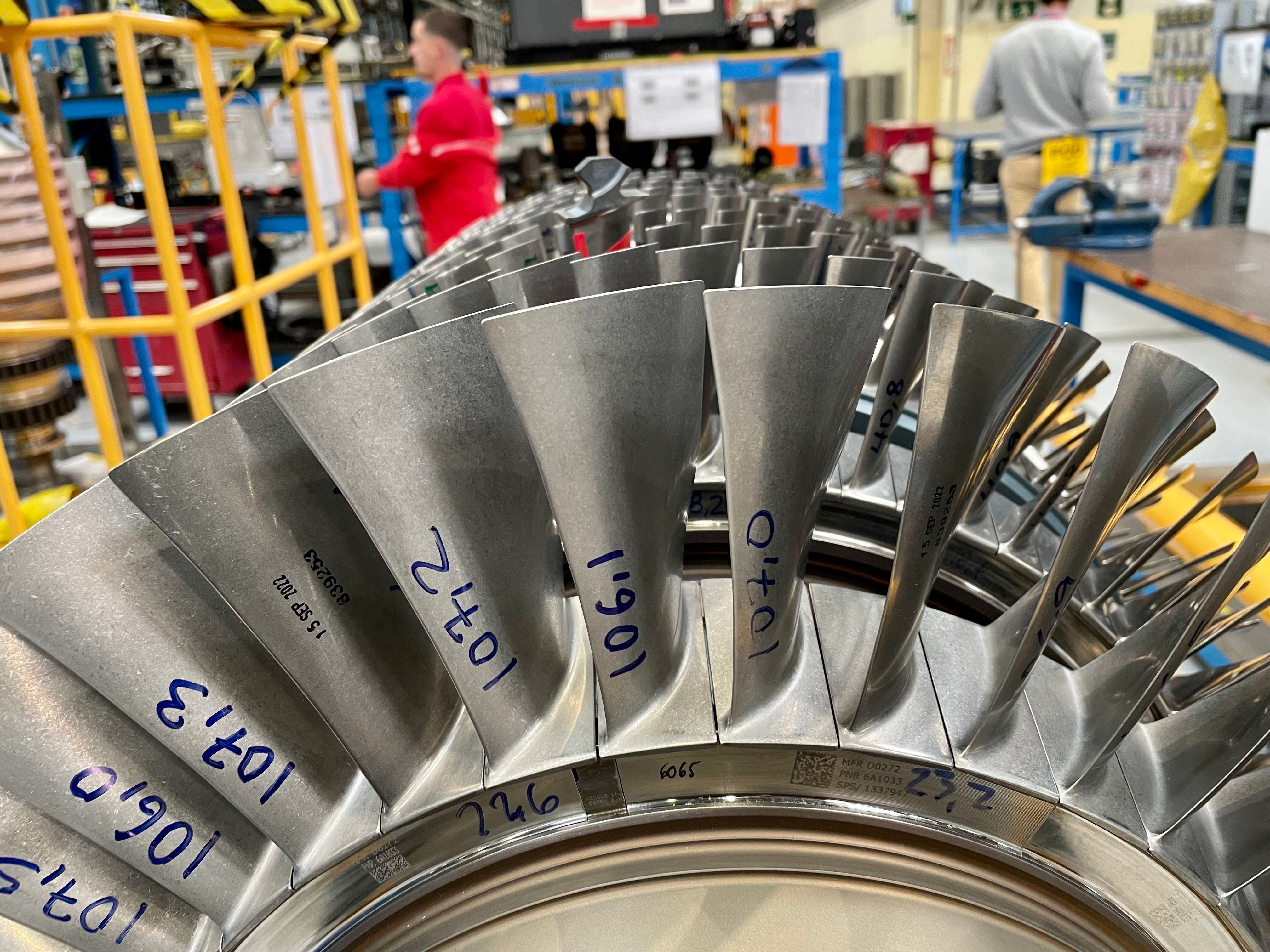 An engine being worked on in the Iberia Maintenance bay.