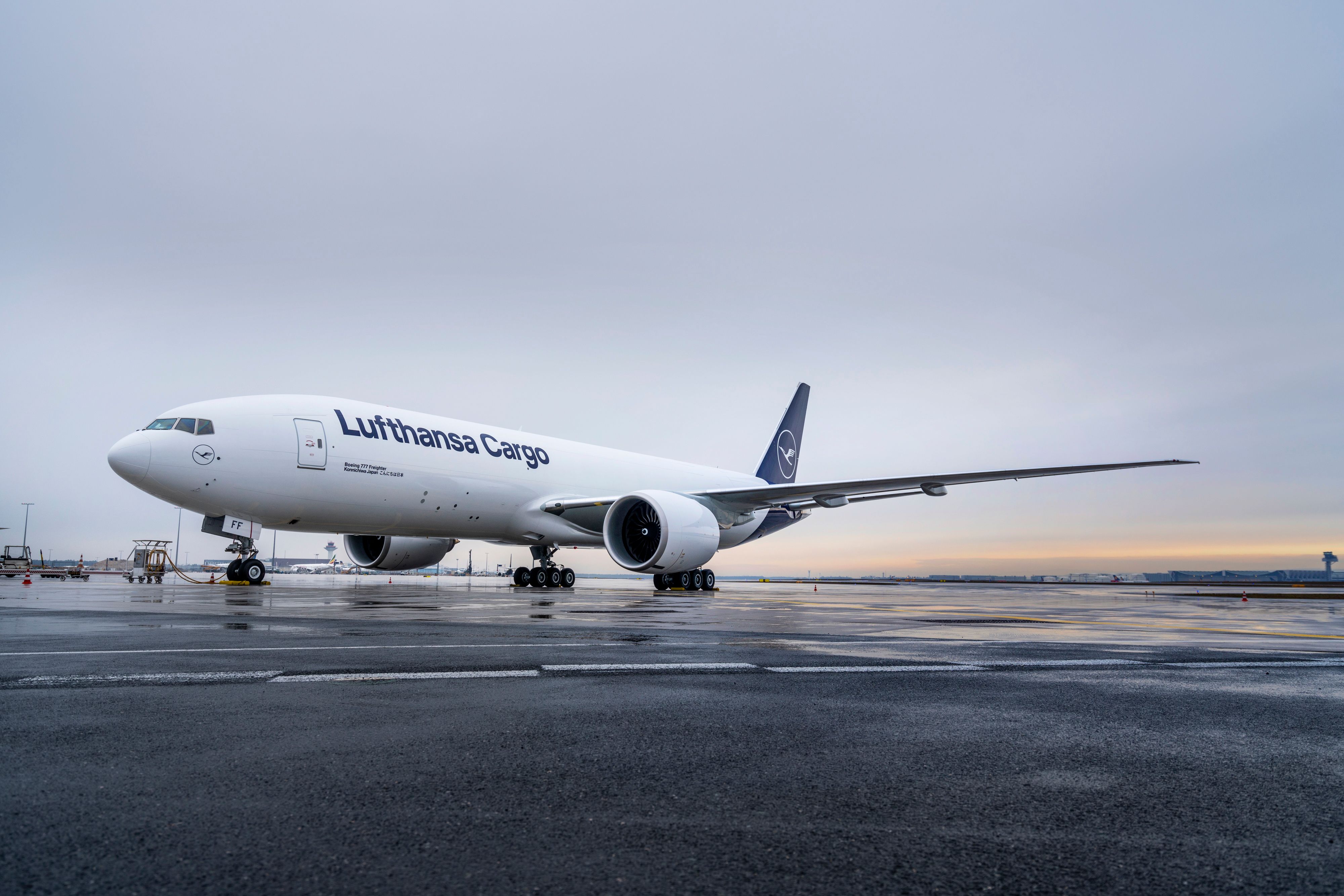 A Lufthansa Cargo aircraft parked. 