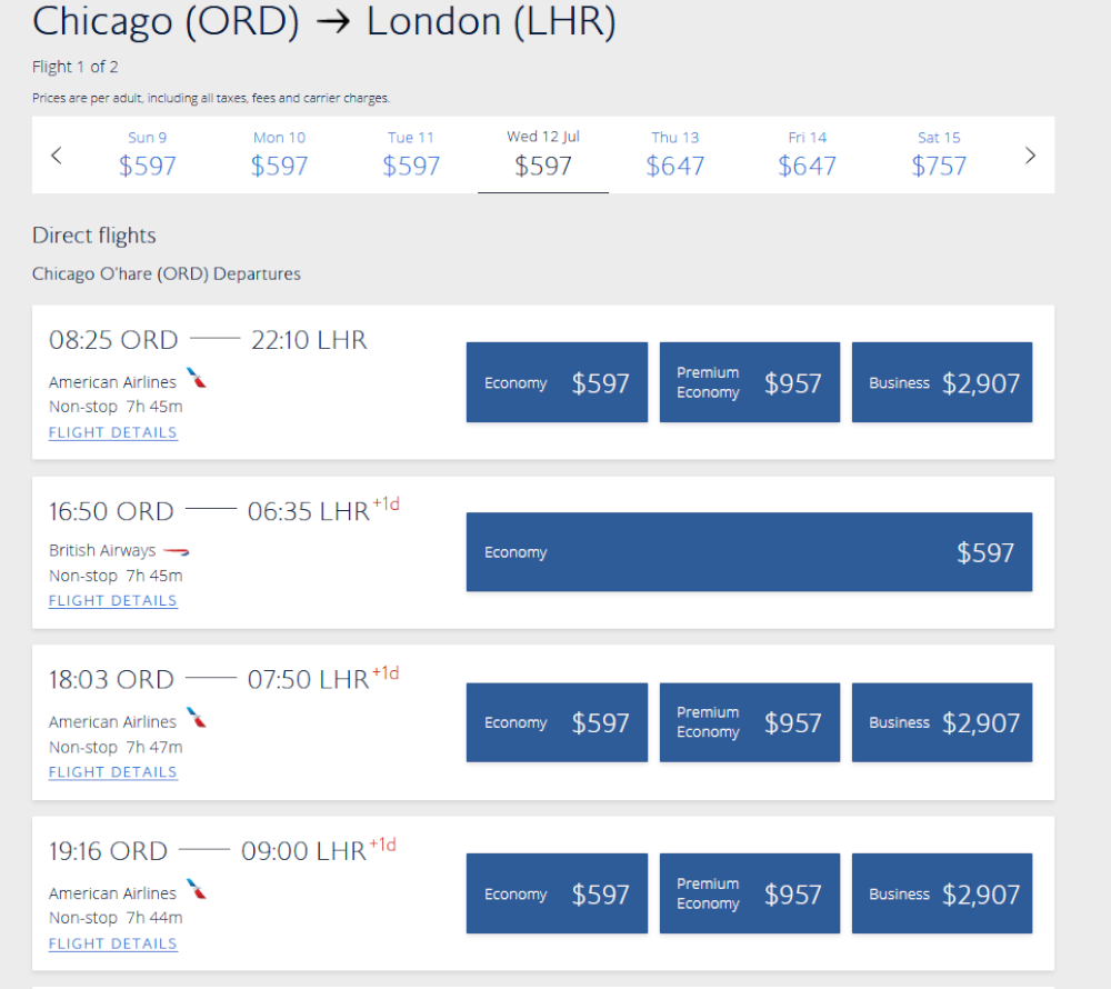A screenshot from British Airways' website to book a flight from Chicago to London.