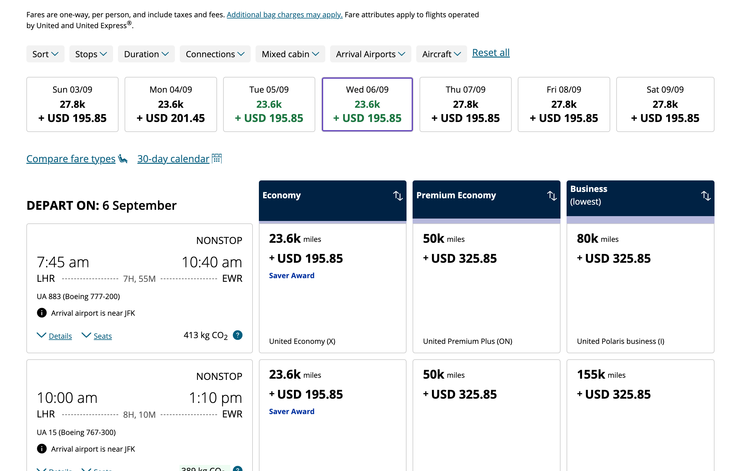 A screenshot of the United Airlines Booking page, showing the cost in miles of a flight from London to Newark.