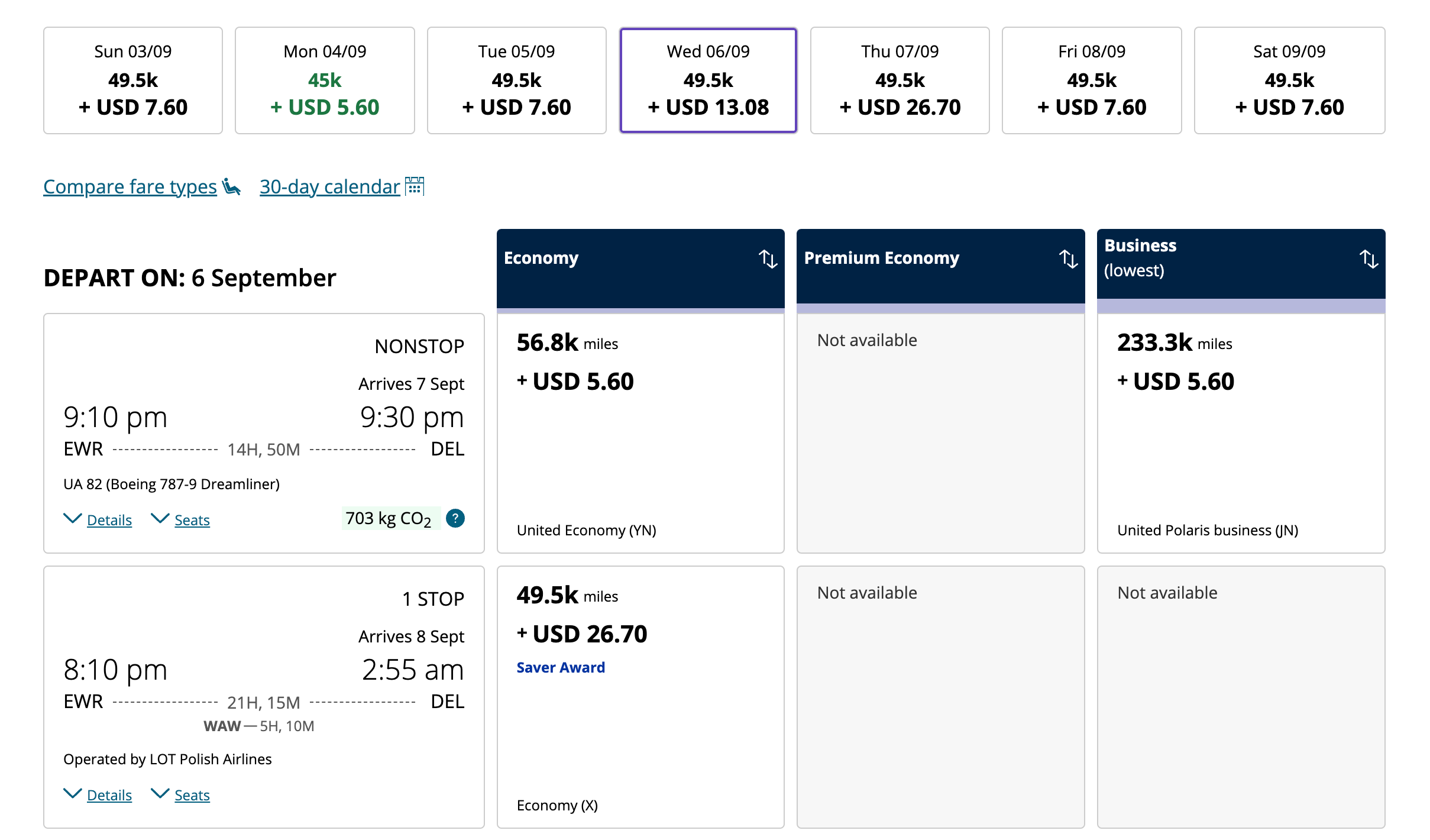 A screenshot of the United Airlines booking site, showing the difference in cost in miles for flights between Newark and Delhi on different carriers.