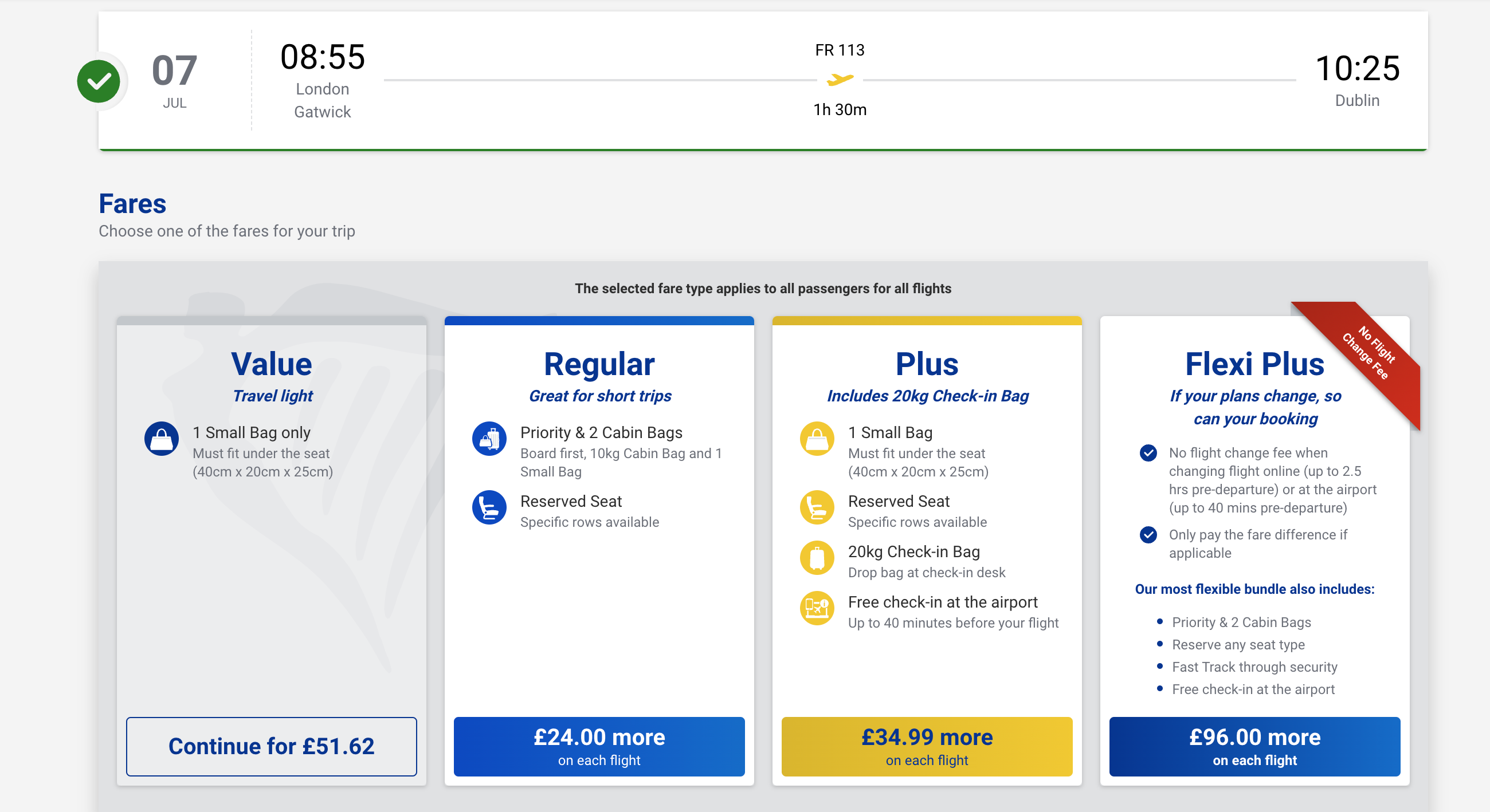 A Screenshot of Ryanair's Booking Website Showing Different Fare Types.