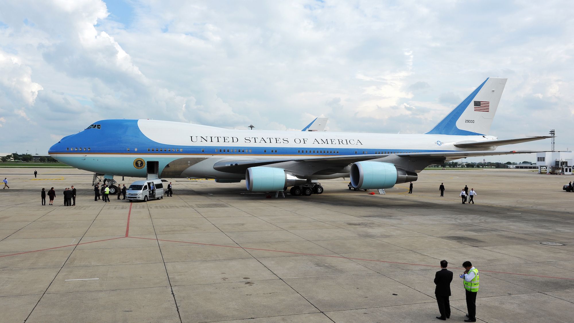 Air Force One parked on tarmac