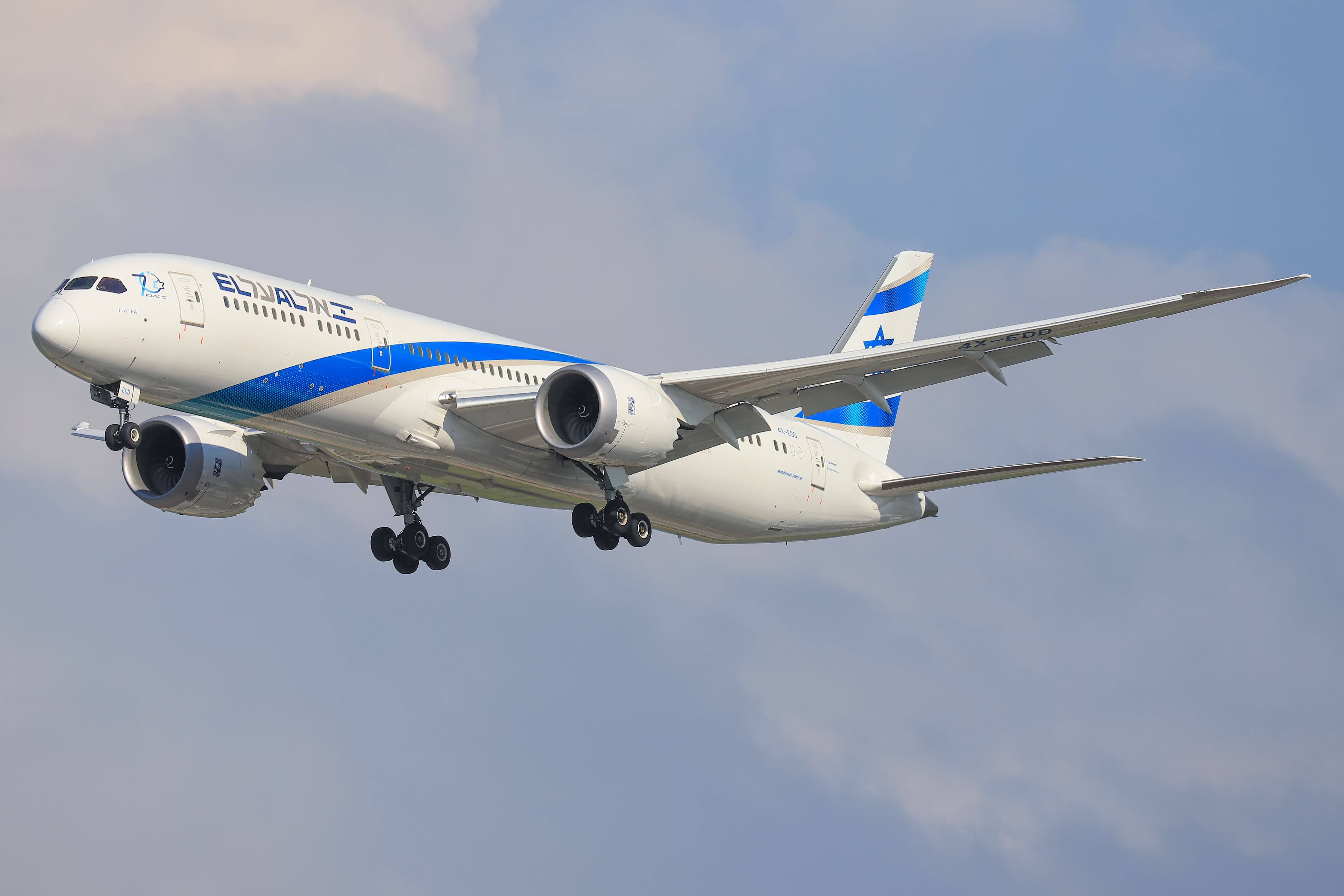 An El Al Boeing 787 Dreamliner on arrival at Ben Gurion international Airport.