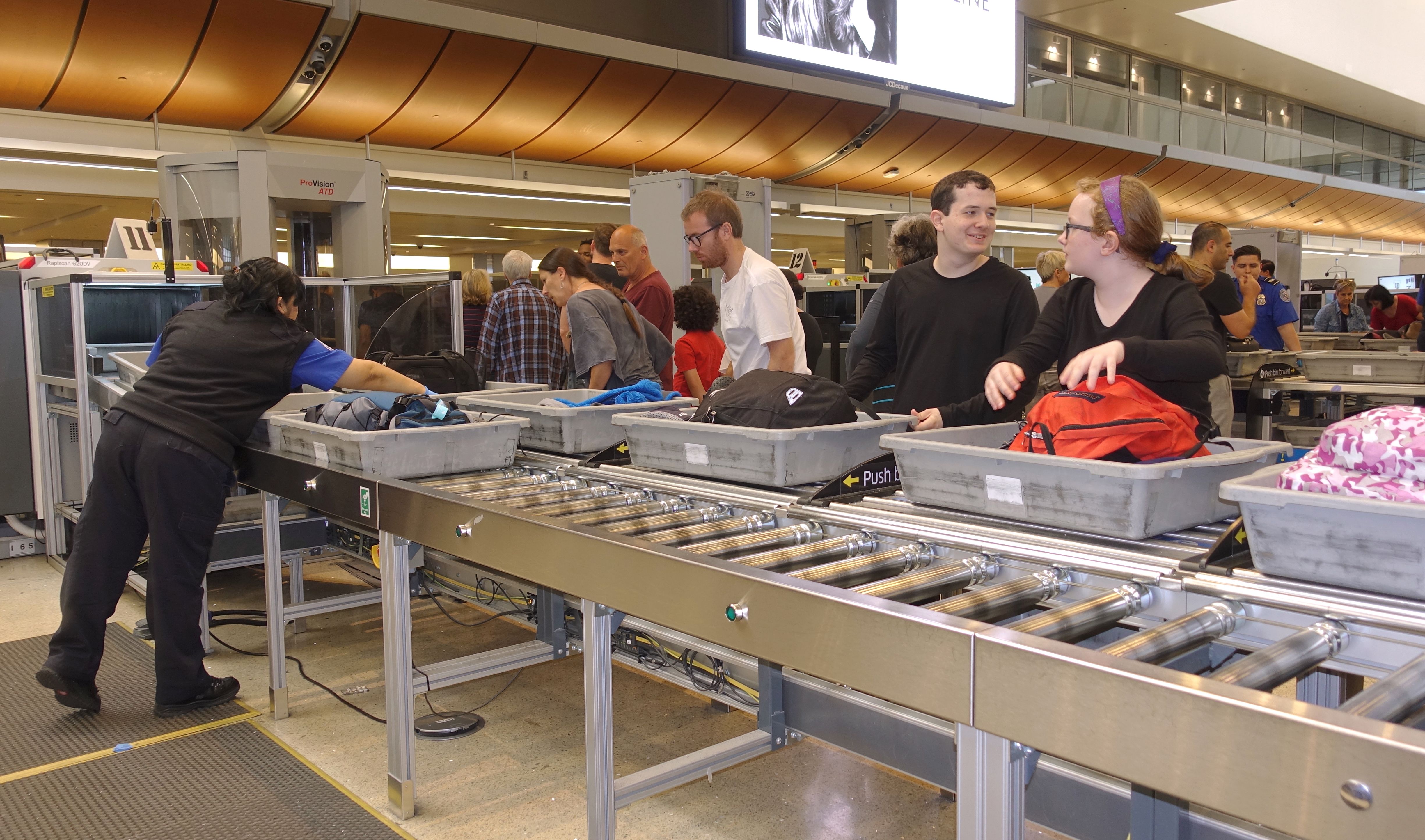 Passengers in the TSA security line at Los Angeles Int'l Airport.