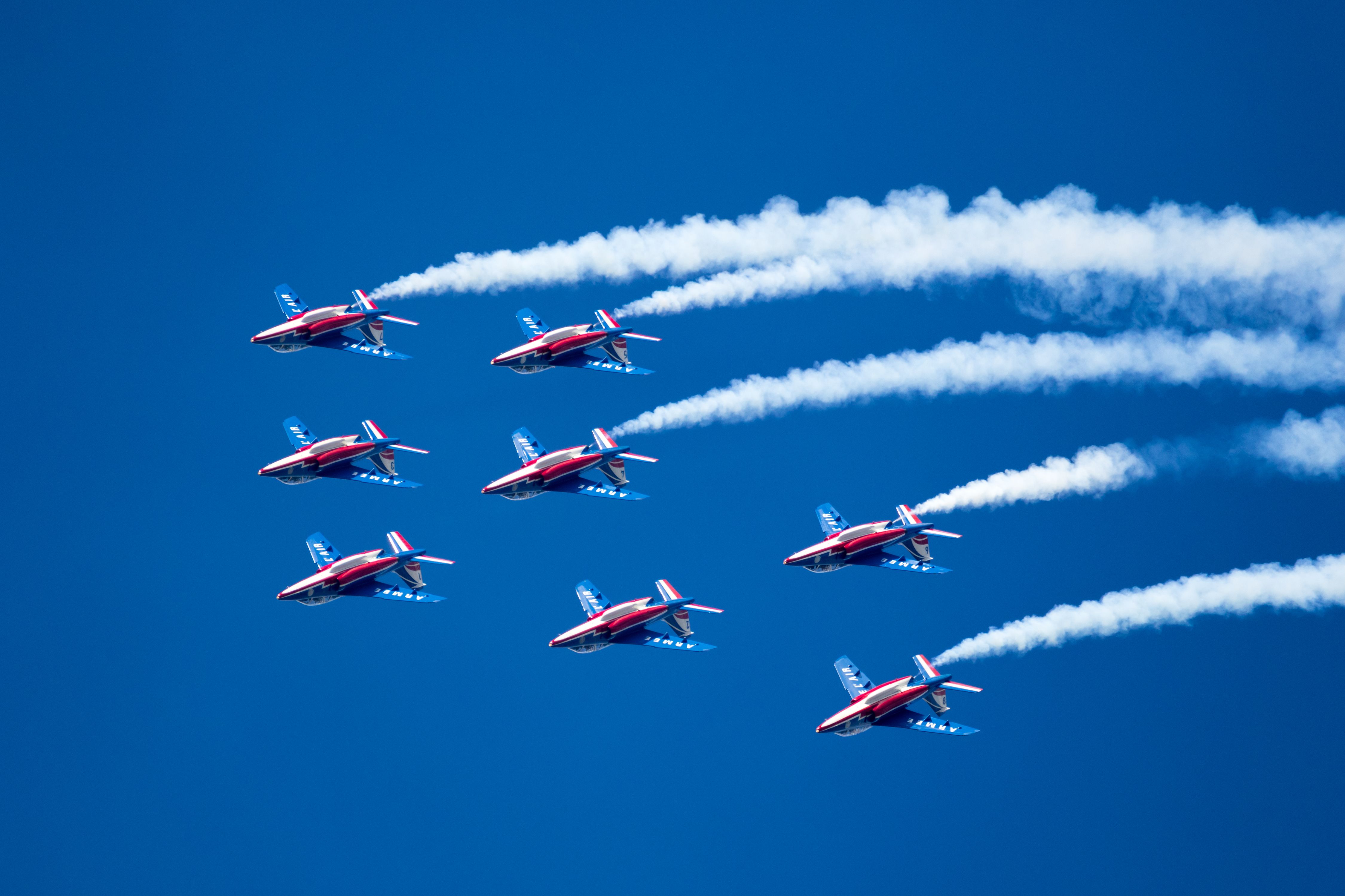 Patrouille de France flying demonstration team performing at the Paris Air Show.