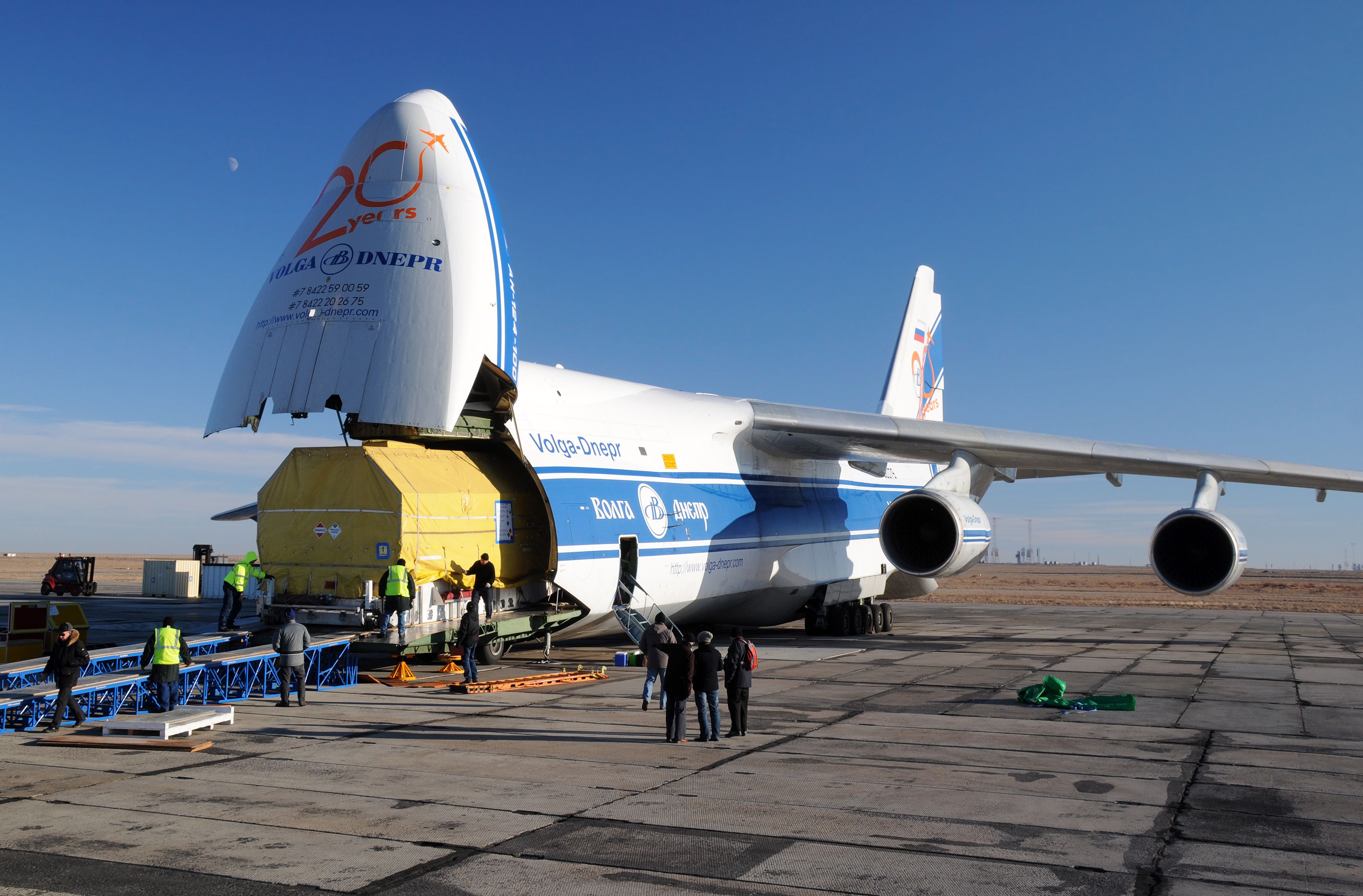 A Russian Volga-Dnepr Antonov AN-124 long-range heavy transport plane being unloaded at Yubileiny airport.
