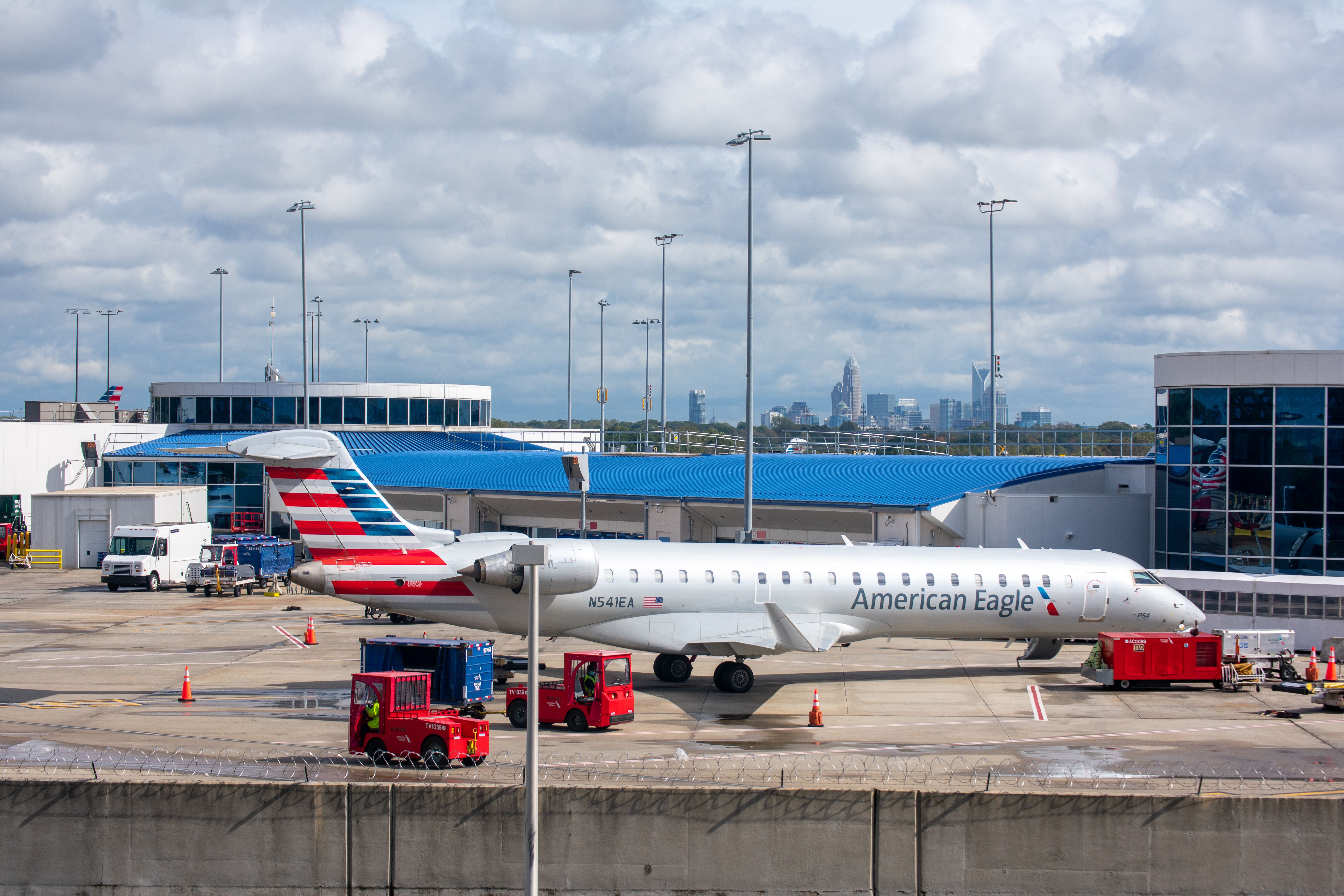 An American Eagle Bombardier CRJ700 regional jet on the apron at Charlotte Douglas International Airport. 