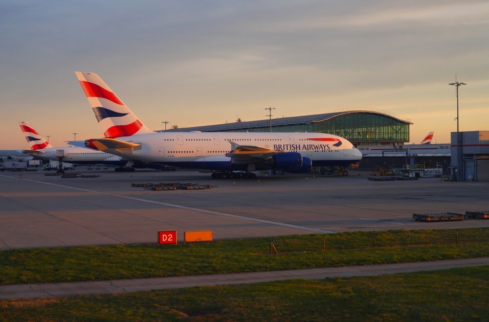 Sunset view of an Airbus A380 from British Airways (BA) at London Heathrow Airport (LHR), the main airport in London, United Kingdom.