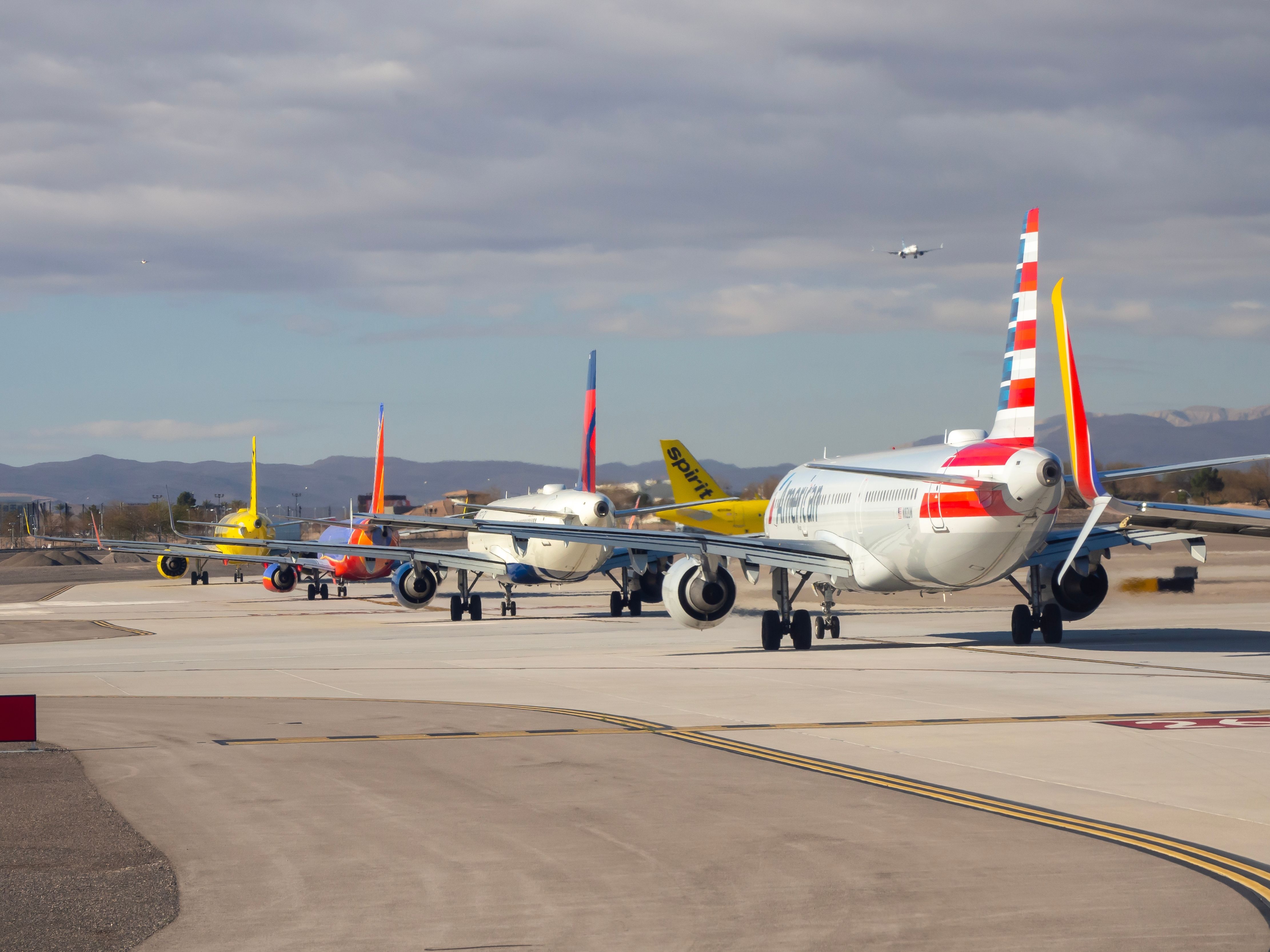 Southwest Airlines, Delta Air lines, American Airlines, and Spirit Airplanes at airport