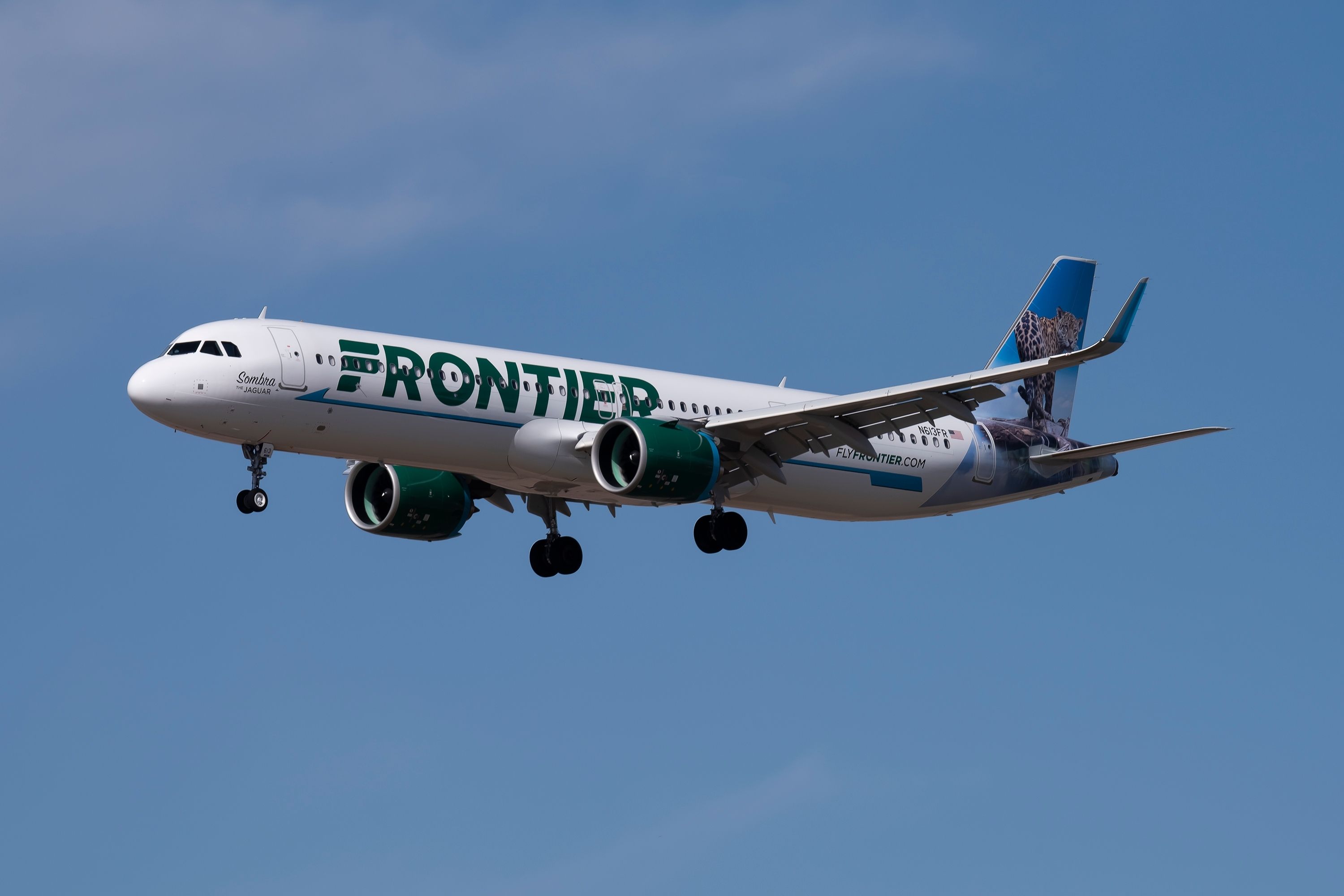 A Frontier Airlines Airbus A321neo flying in the sky.