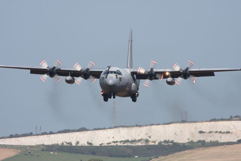 A C130 Hercules about to land.