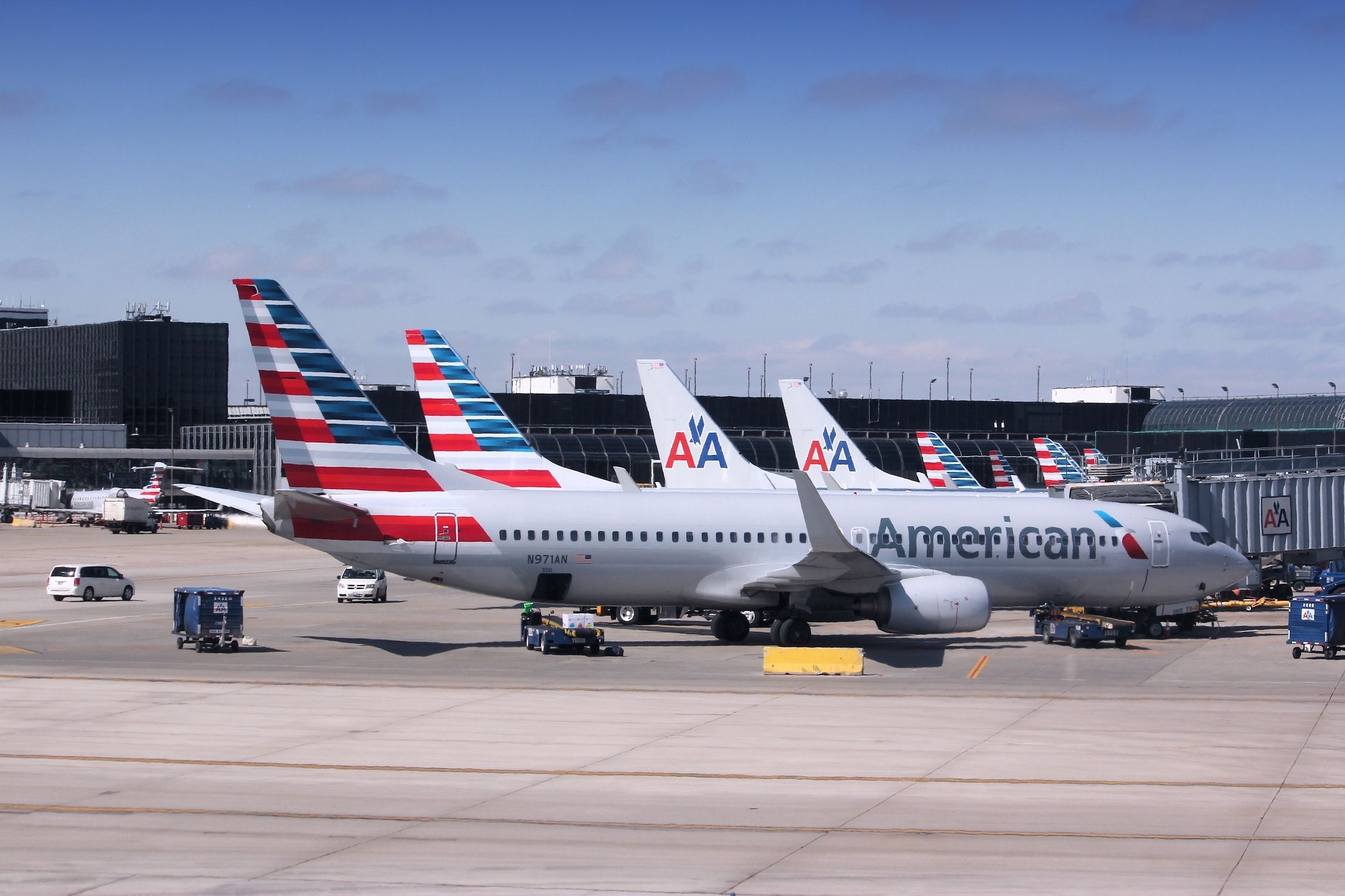 Many American Airlines aircraft lined up next to each other.