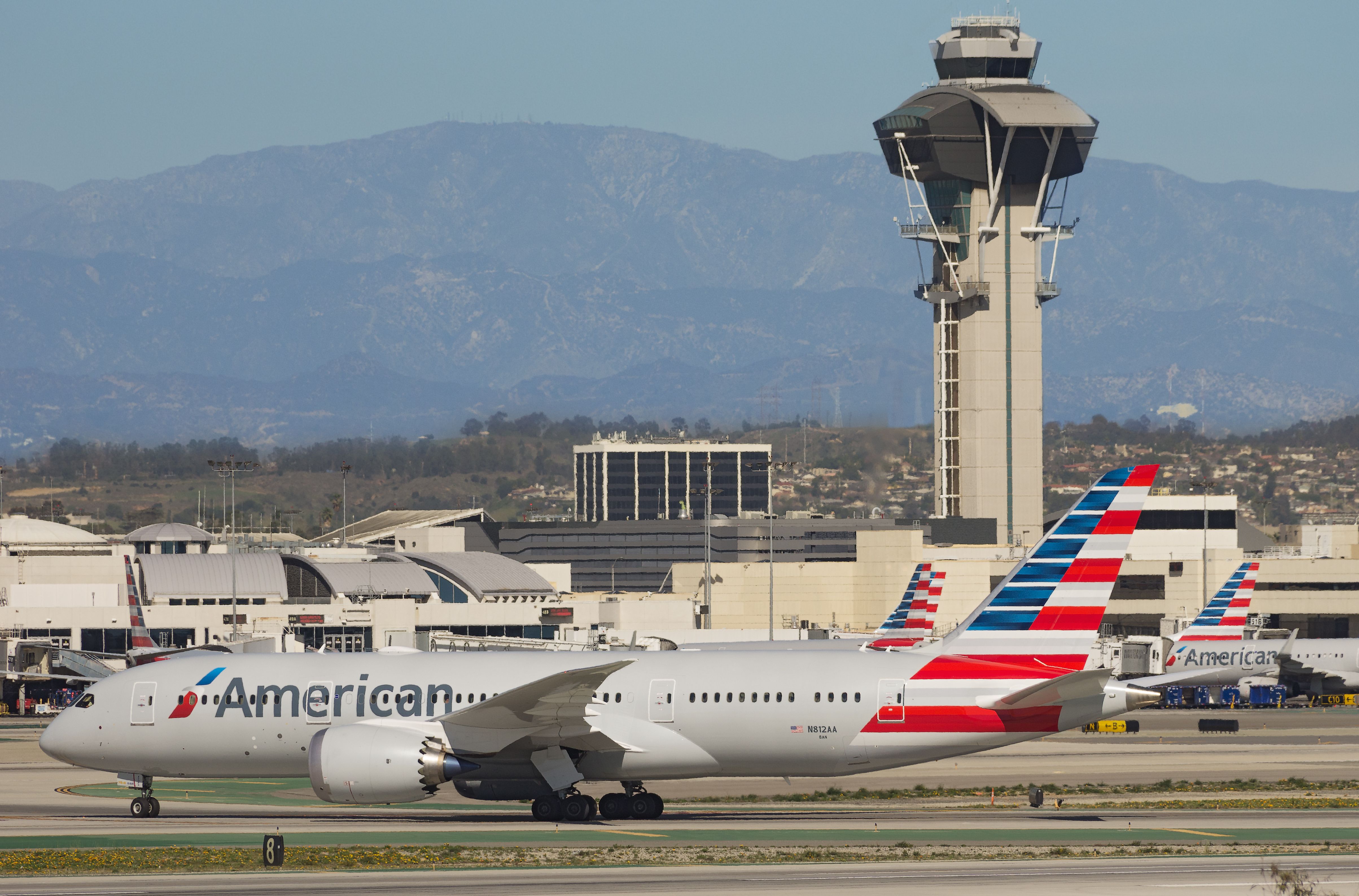 An American Airlines aircraft on the runway at LAX.