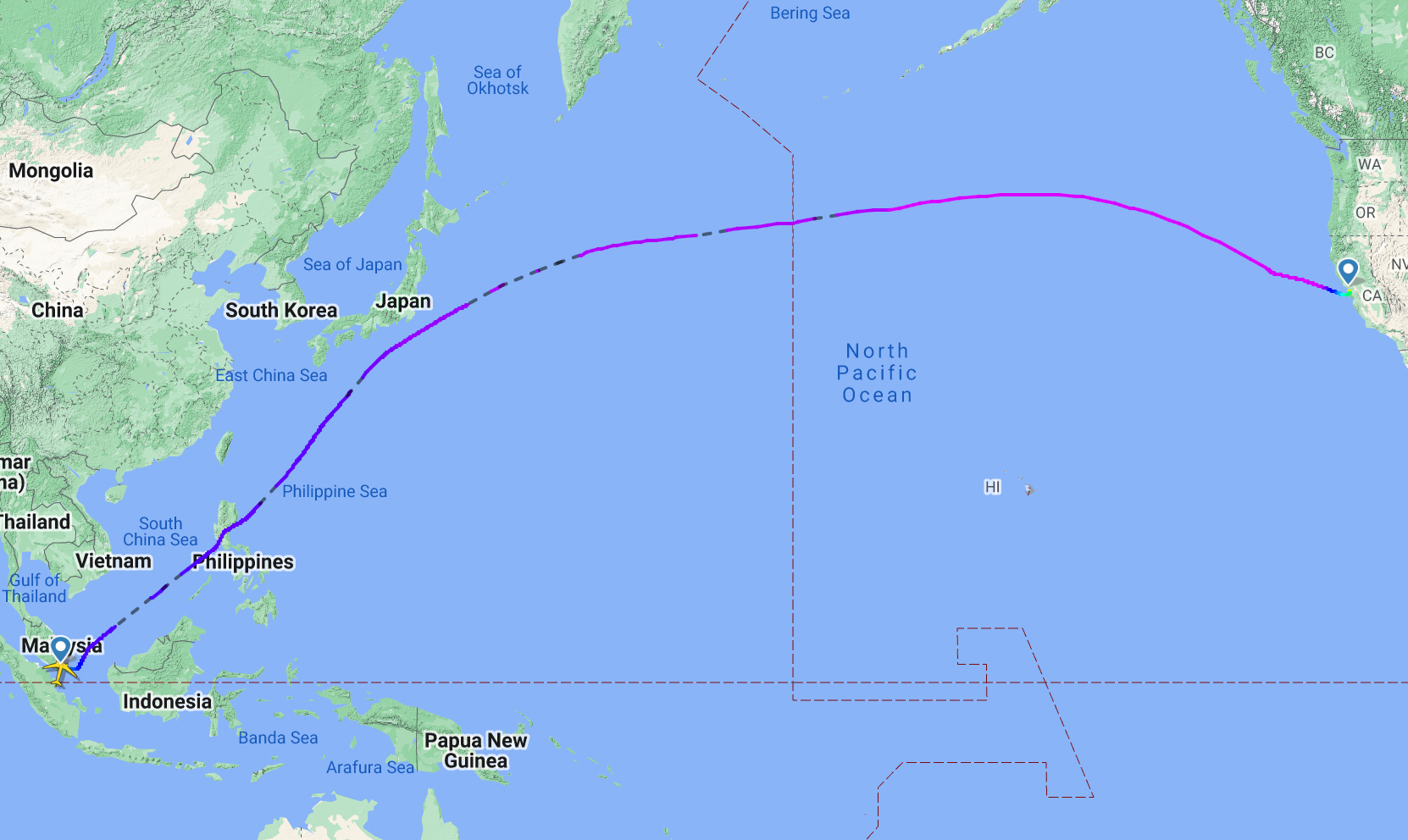 Singapore to San Francisco flight path