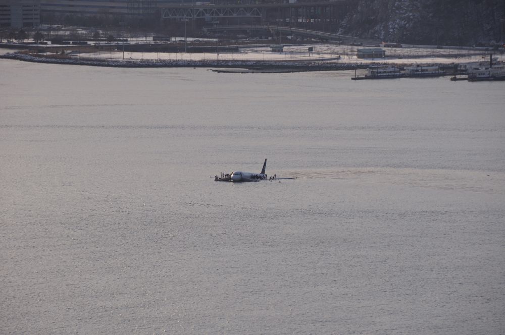 The US Airways Flight 1549 aircraft sitting in the Hudson River.