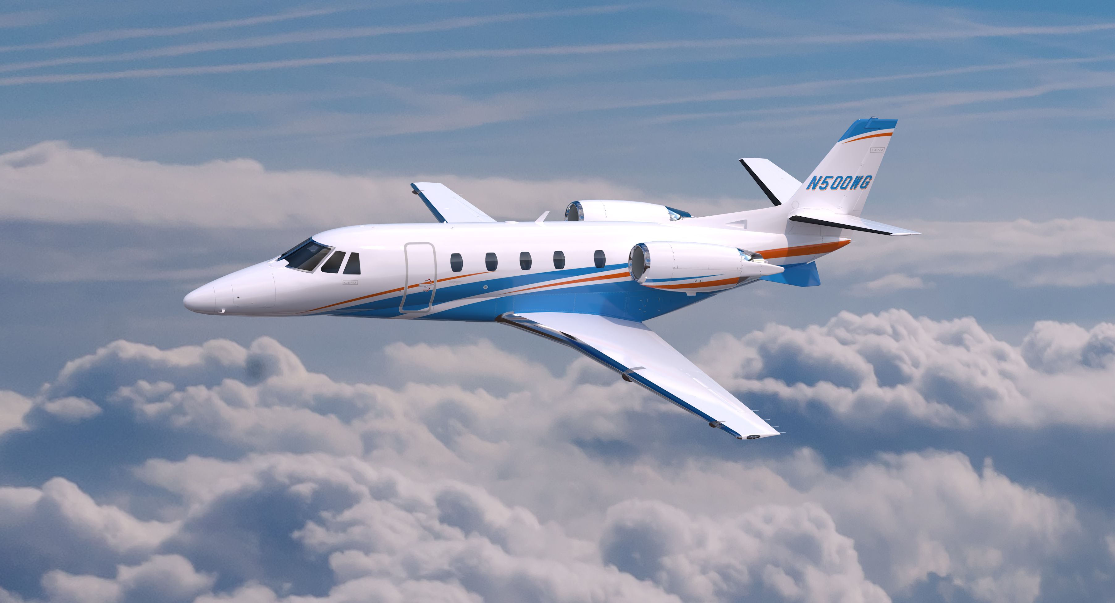 A Citation XLS flying above the clouds.