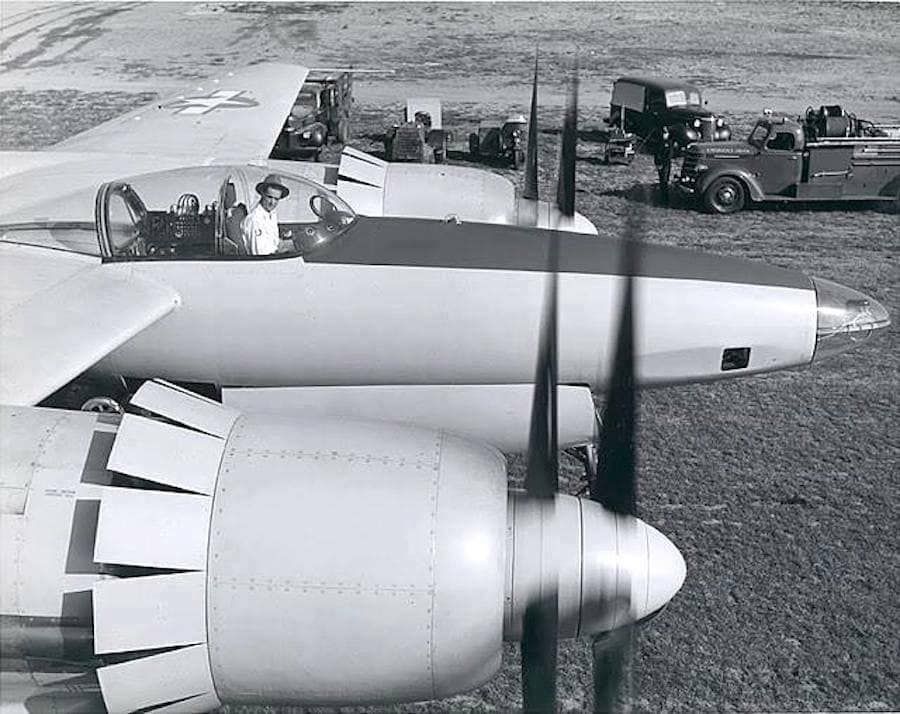 A closeup of a Howard Hughes XF-11.