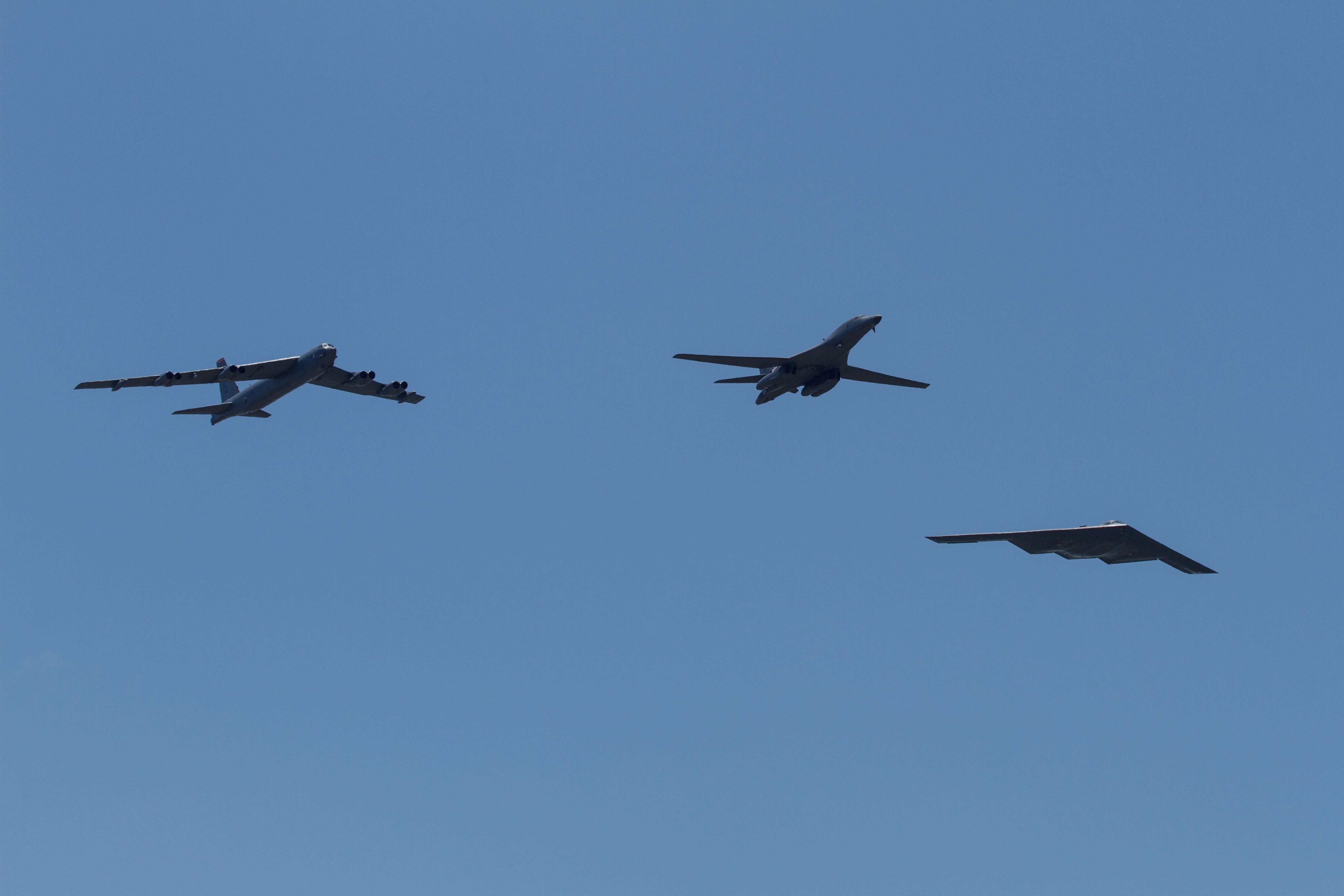 A B-52 Stratofortress, B-1 Lancer, and B-2 Spirit flying in formation at the Dyess AFB air show in 2015.