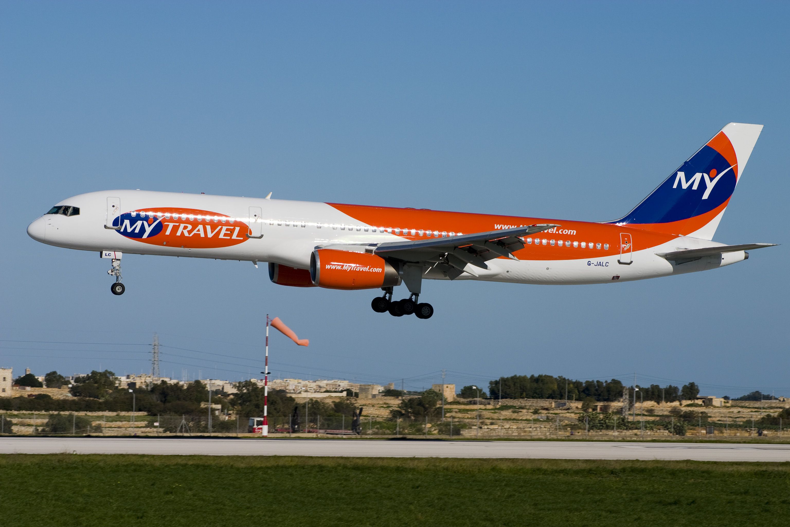 A MyTravel Airways Boeing 757-225 landing in Luqa, Malta.