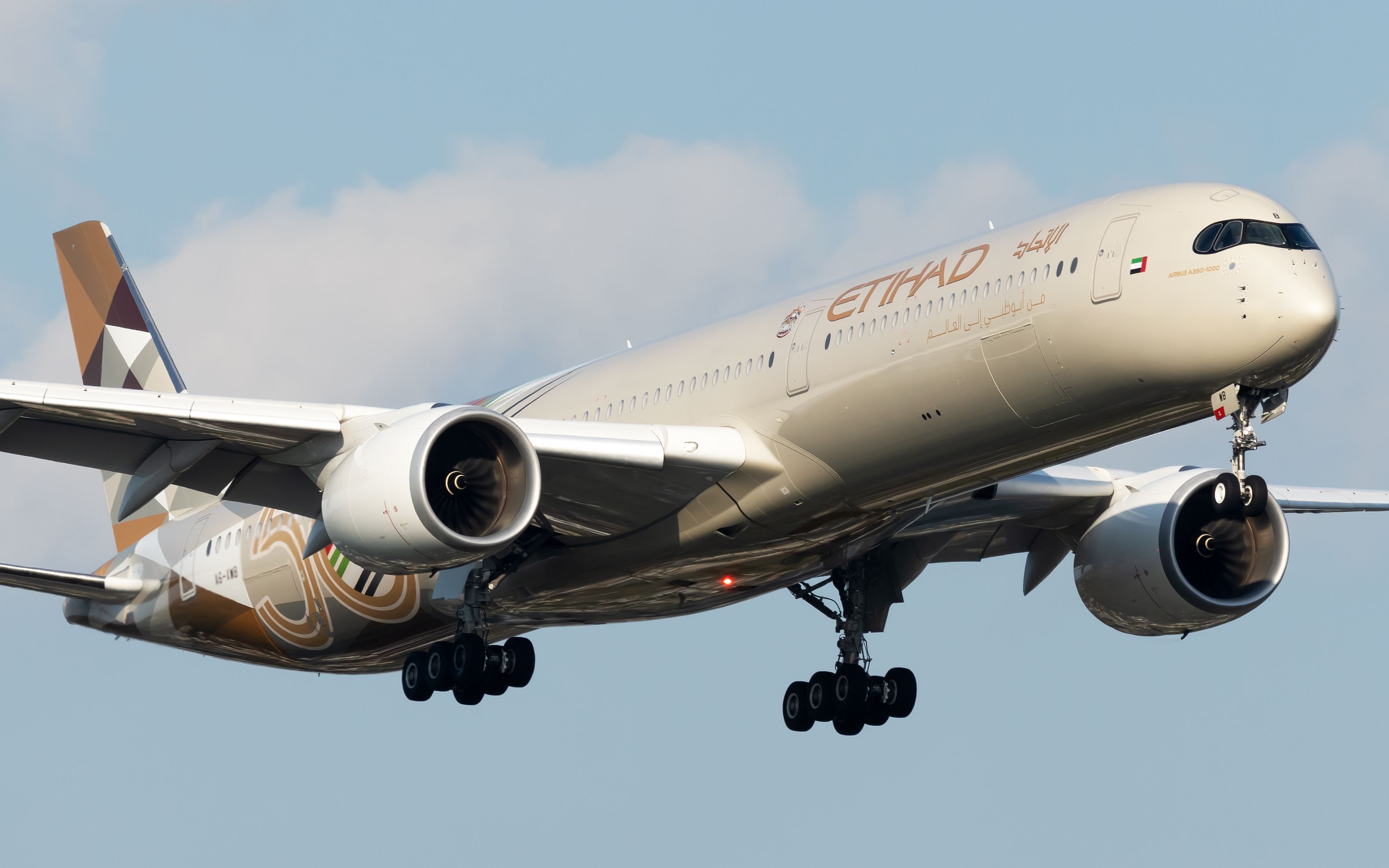 An Etihad Airways Airbus A350-1041 in 50 Years Livery flying in the sky.