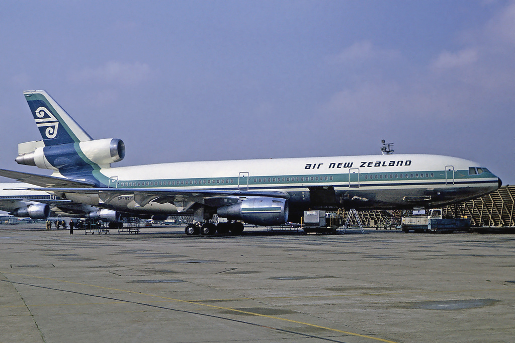 An Air New Zealand McDonnell Douglas DC-10 parked At London Heathrow Airport.