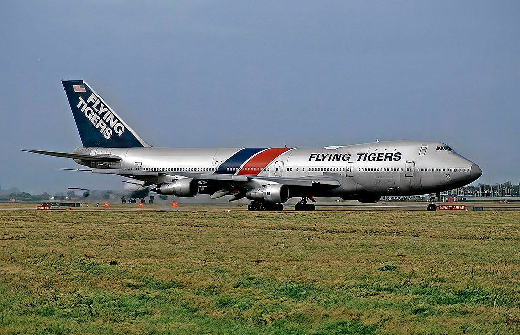 A Flying Tigers Boeing 747 at London Heathrow Airport.