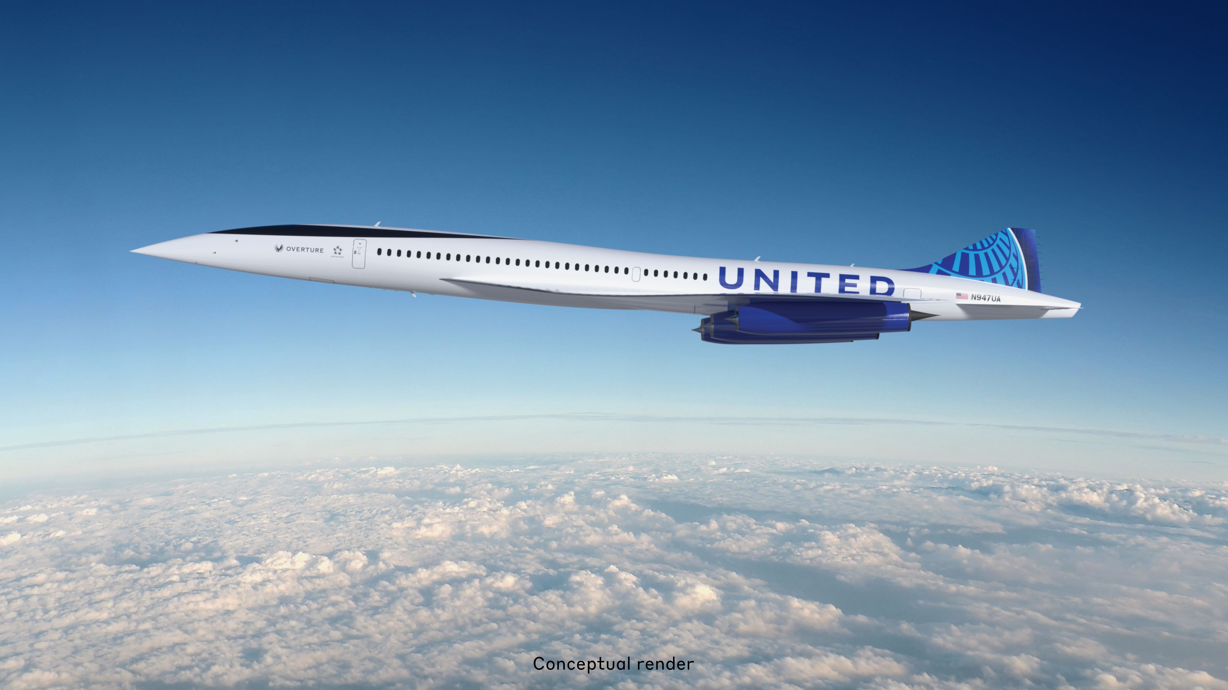 A United Airlines Boom Overture flying above the clouds.