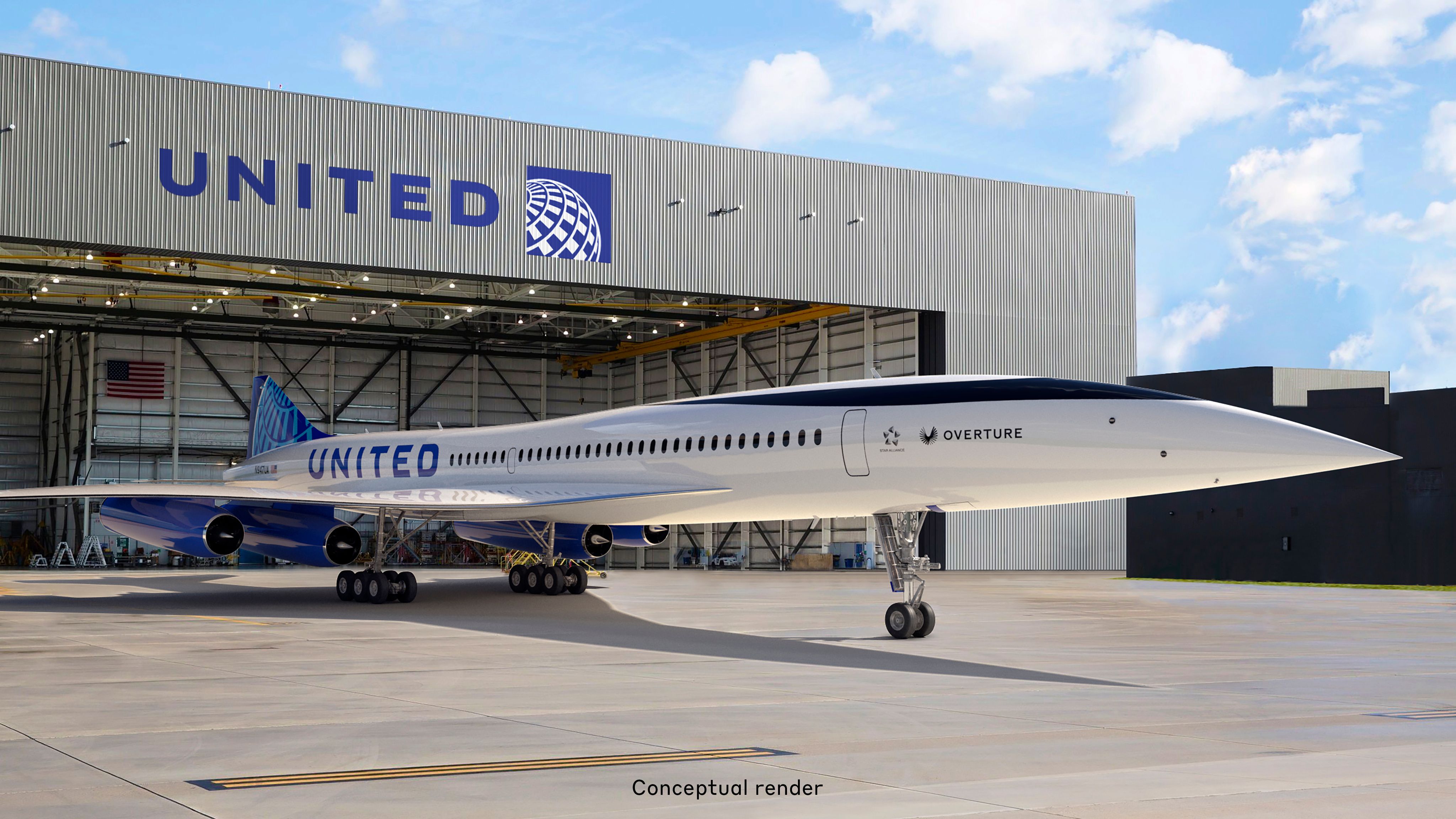 A render of a United Airlines Boom Overture near a hangar.