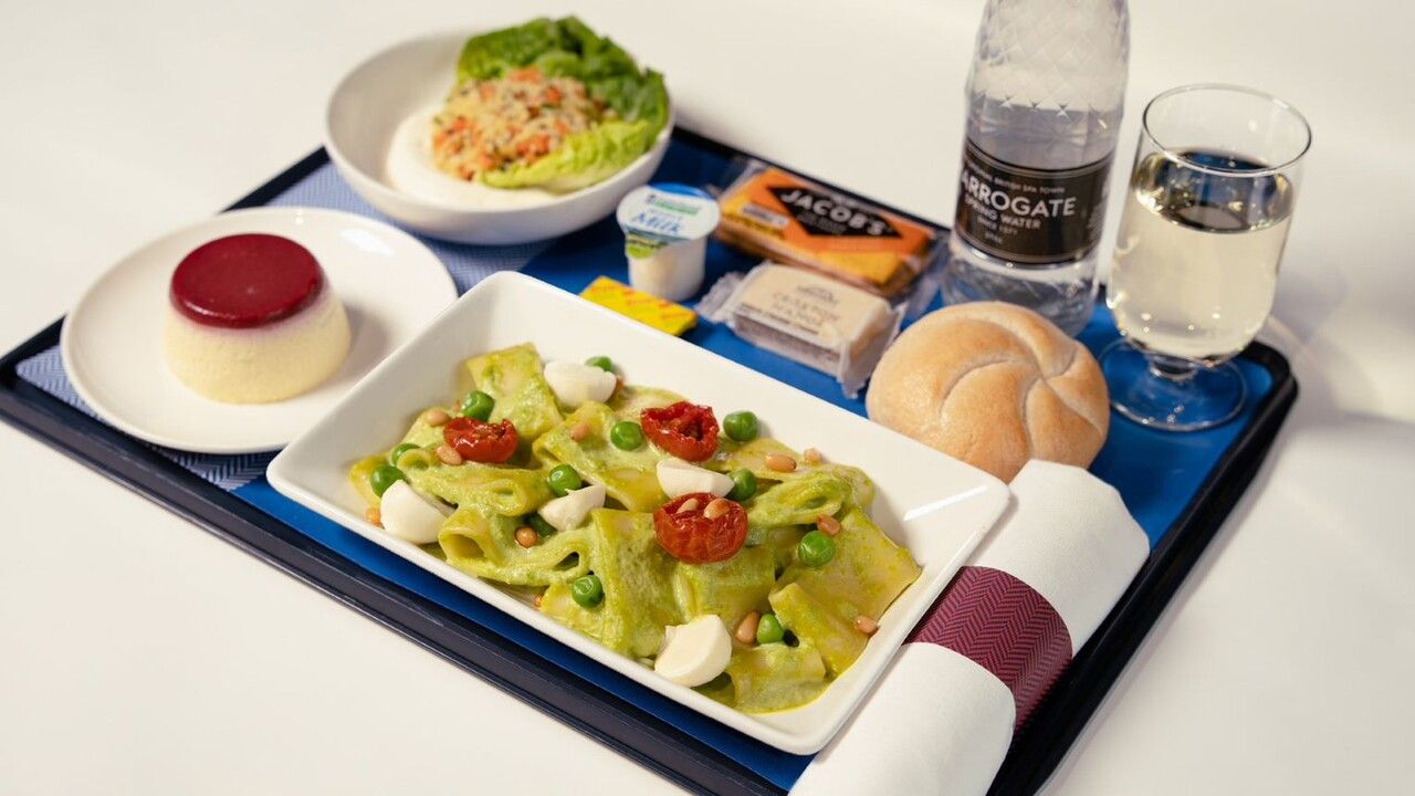 A British Airways premium economy meal tray.