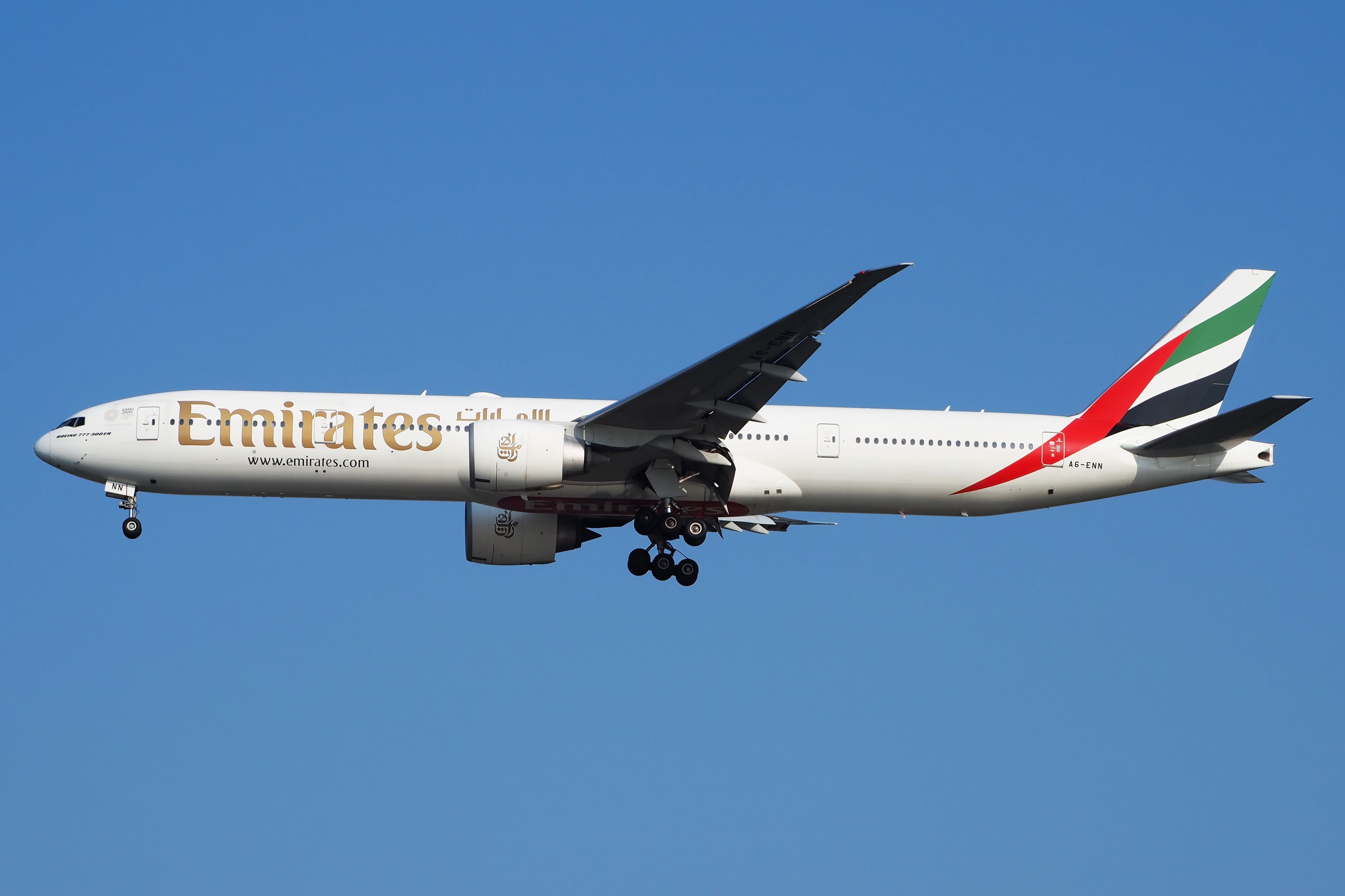 Emirates Boeing 777-300ER flying.