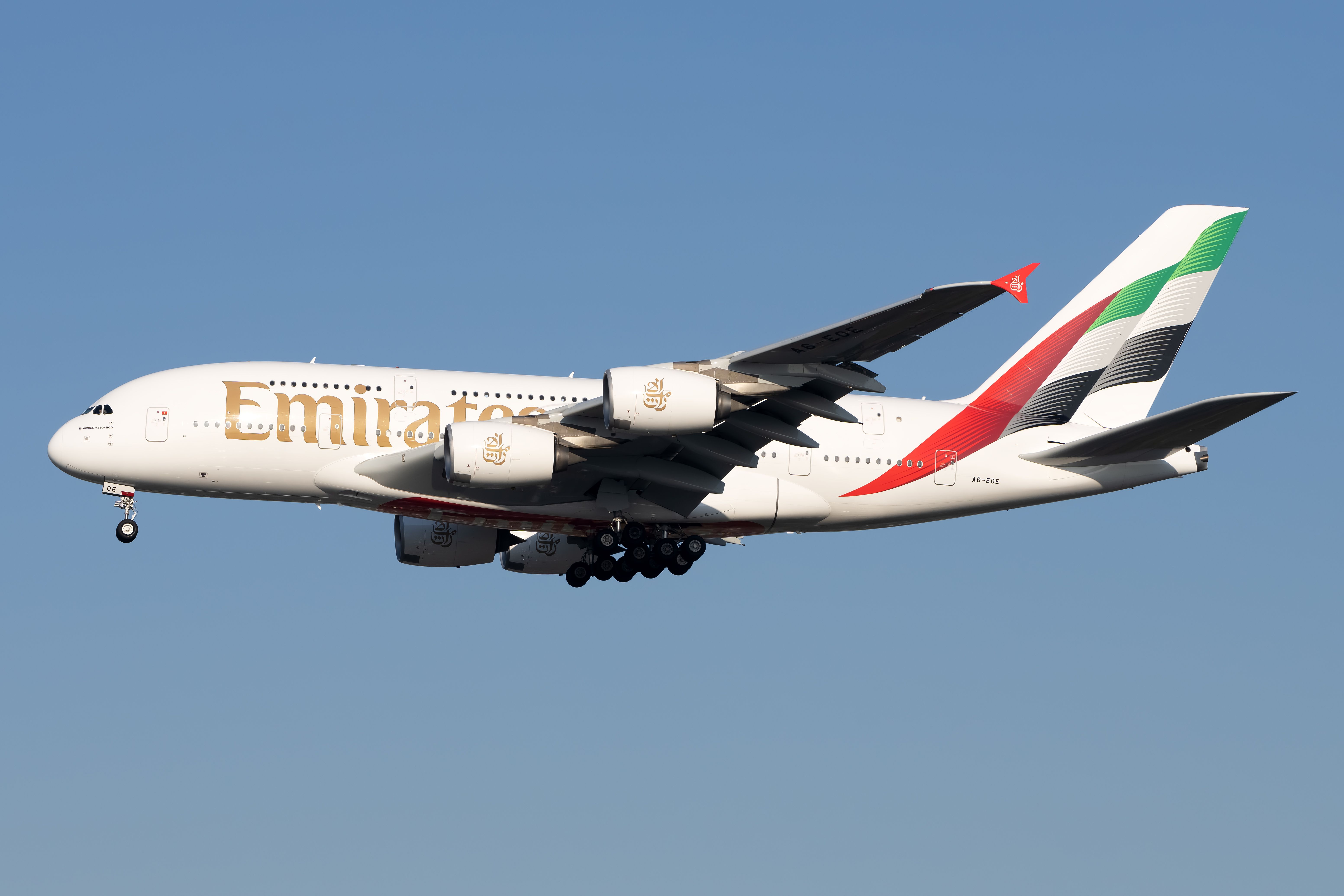 Emirates Airbus A380 with new livery flying