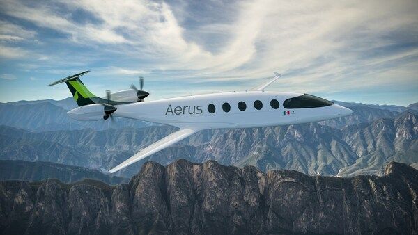 An Eviation Alice AERUS flying above mountainous terrain.