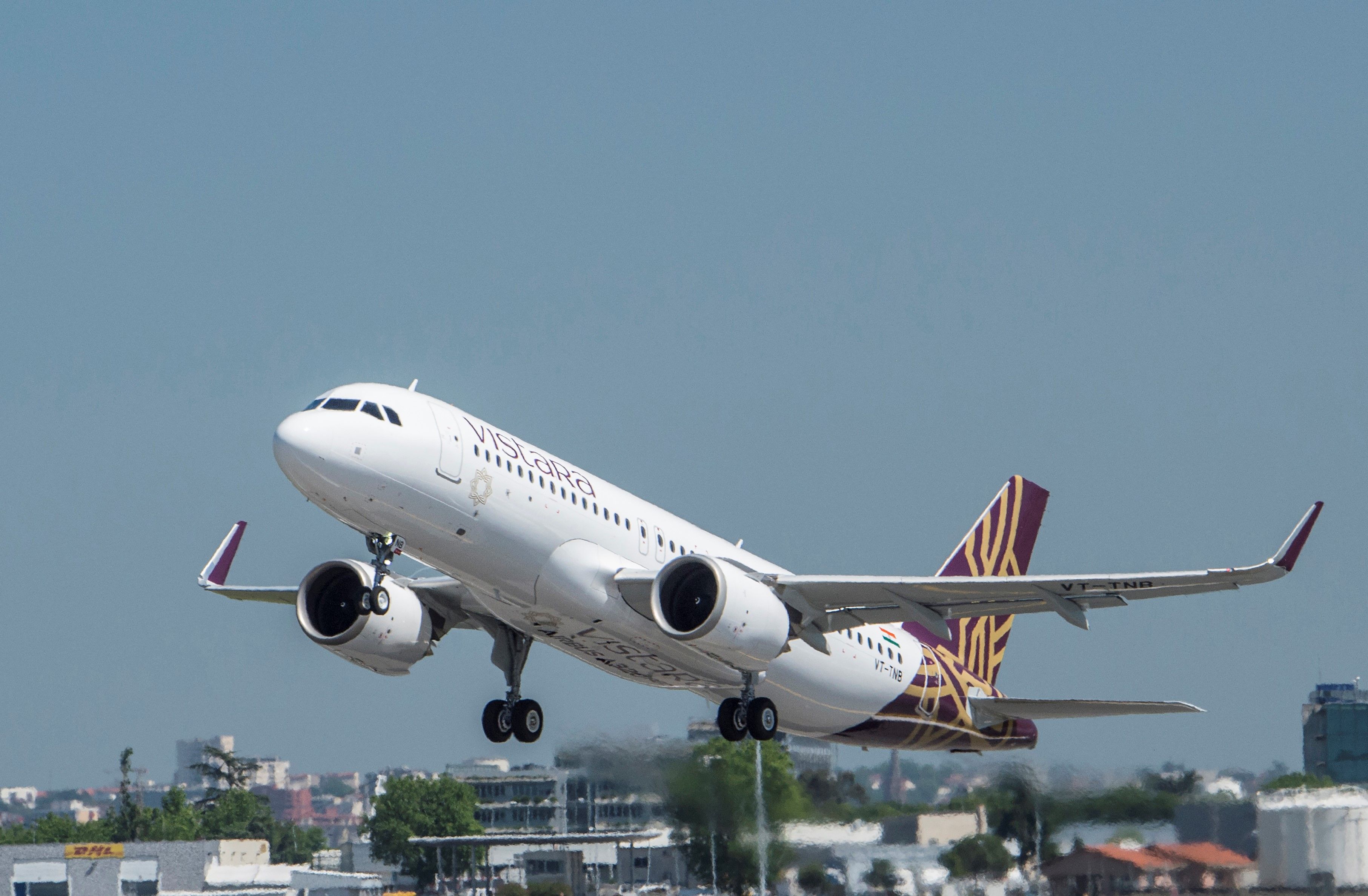 Vistara Airbus A320neo seen taking off from Airbus facility.