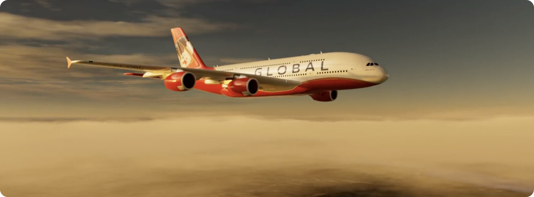 A Global Airlines Airbus A380 flying above the clouds.