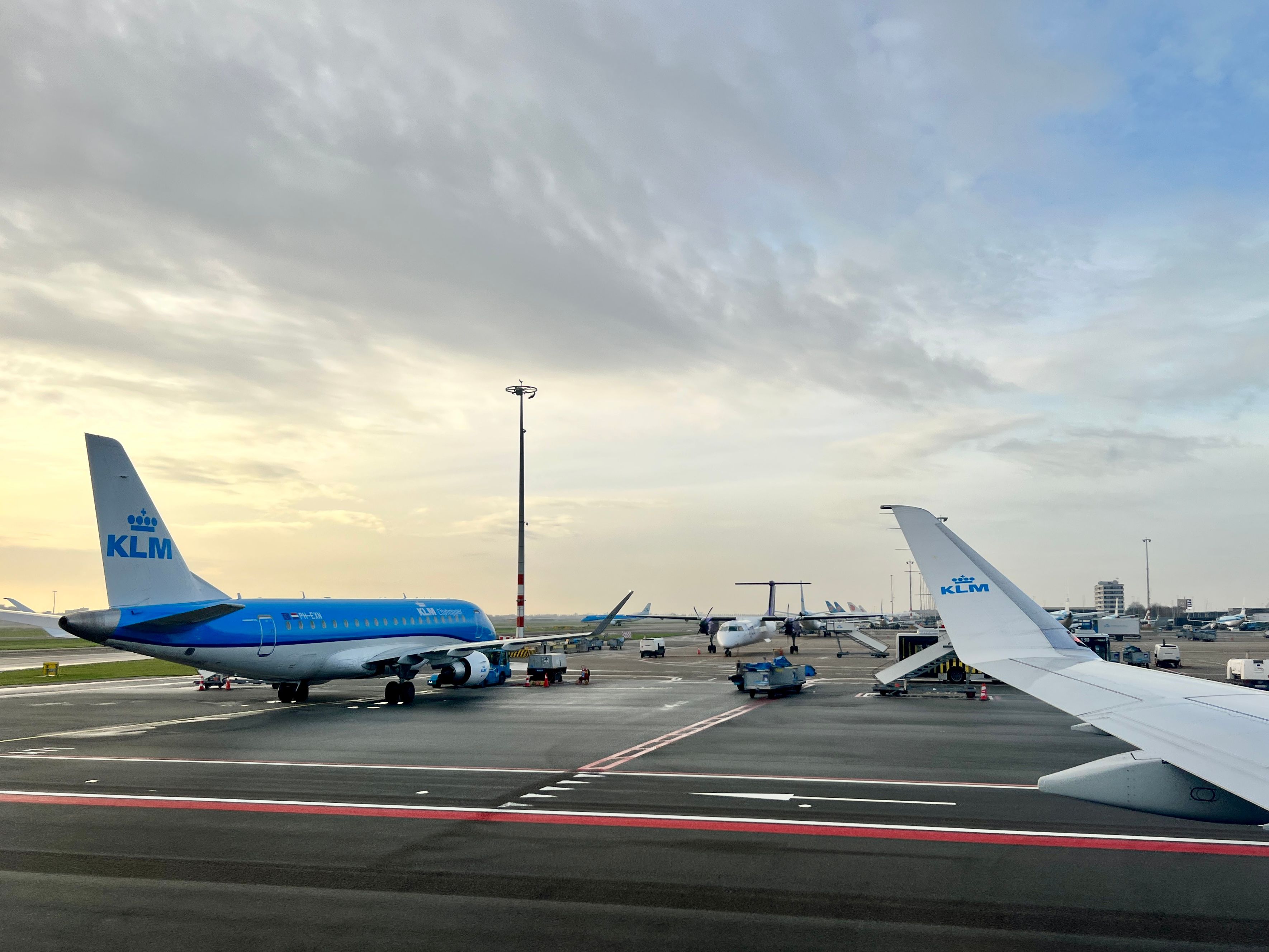 KLM planes at sunset in Amsterdam